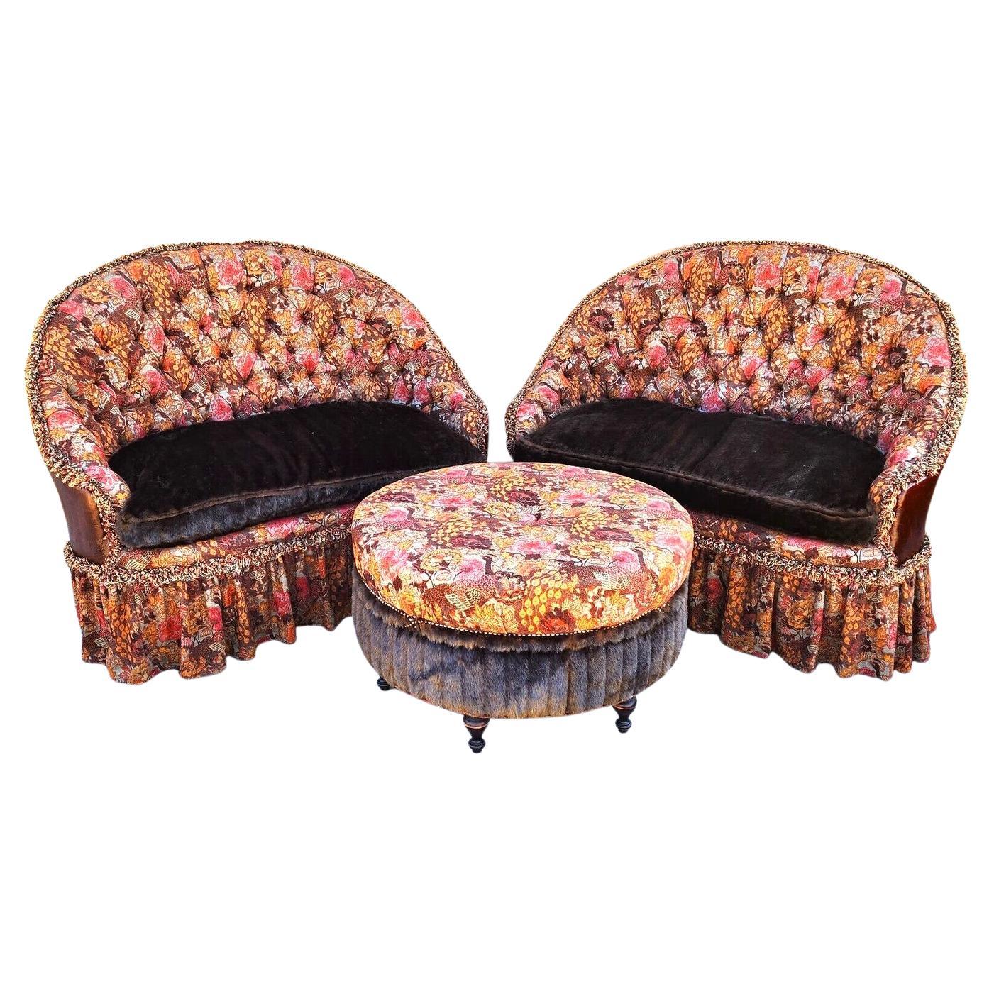 2 Settees & Ottoman Leather & Upholstered by Old Hickory Tannery 3 Piece Set For Sale