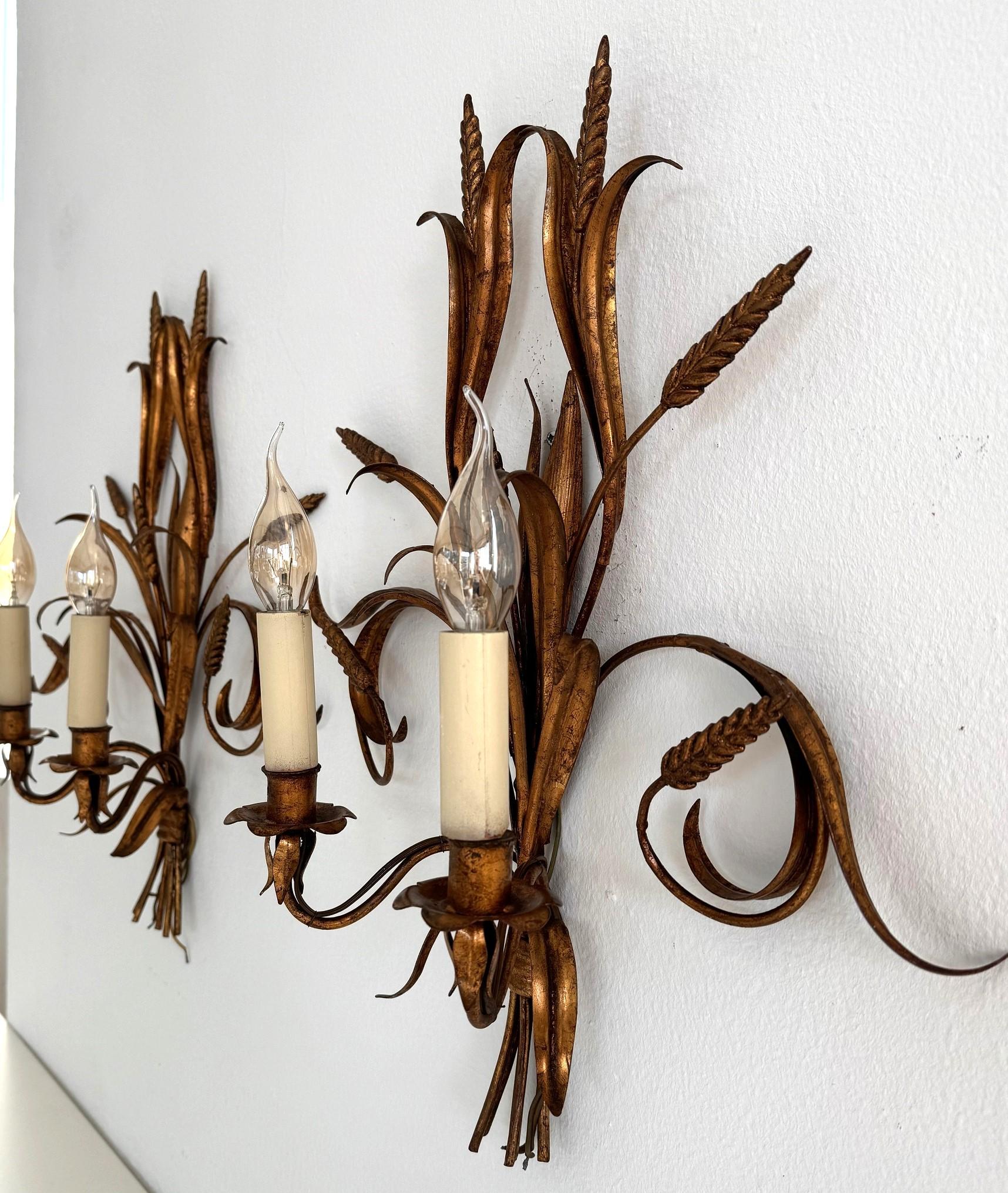  2 candelabros Sheaf Of Wheat Hollywood Regency Metal dorado de Hans Kögl, Italia 1960

Juego de dos grandes apliques de pared en forma de gavilla de trigo de metal dorado estilo Hollywood Regency de mediados de siglo, con cada uno  dos brazos de