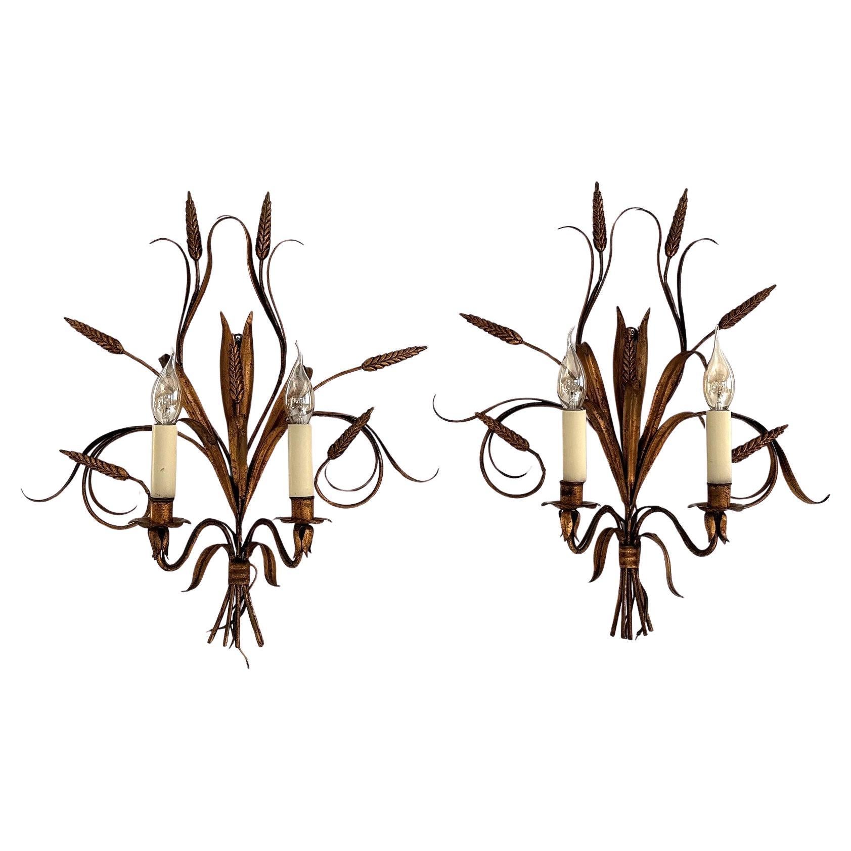 2 candelabros Sheaf Of Wheat Hollywood Regency Metal dorado de Hans Kögl, Italia 1960