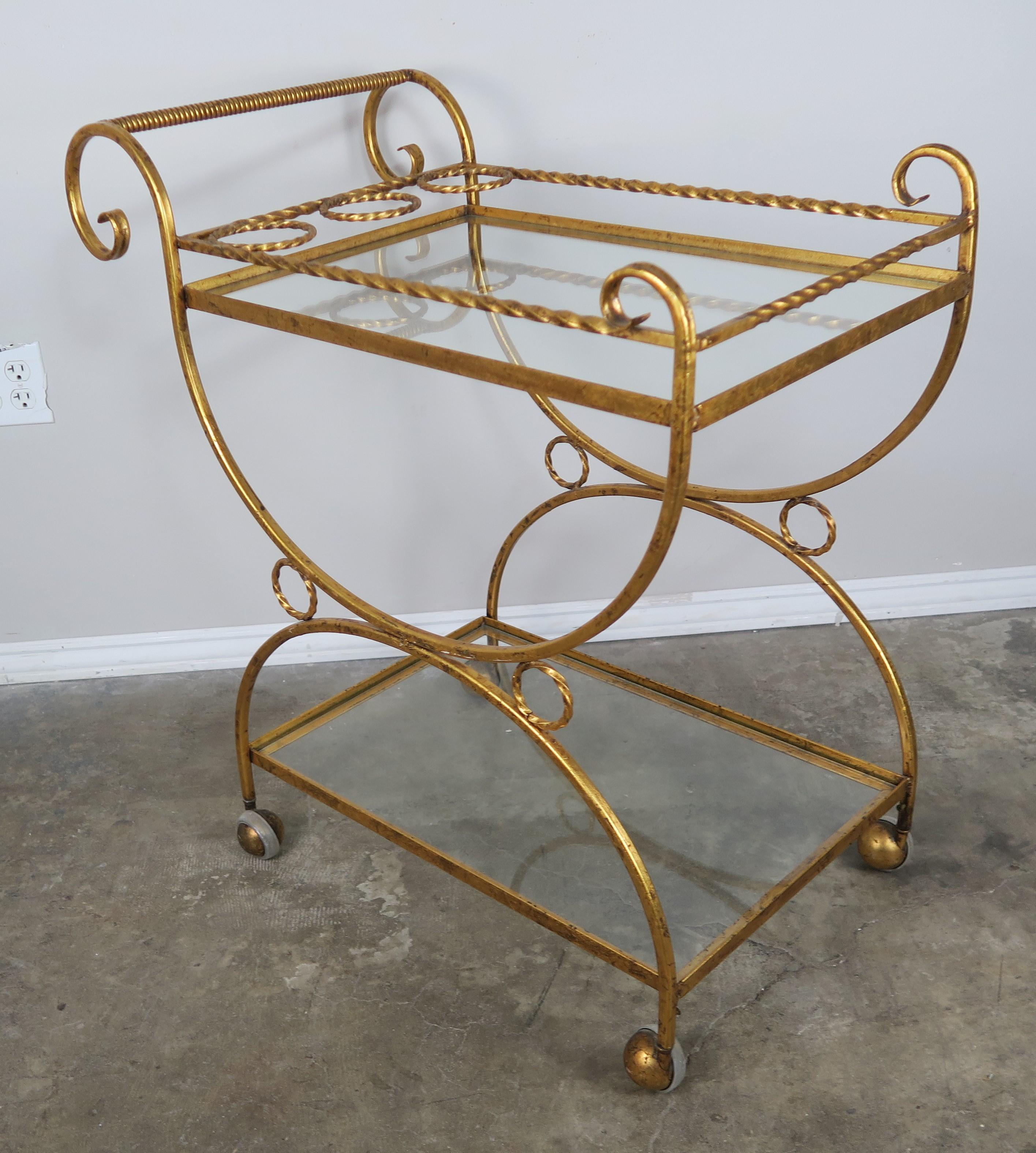 2-Shelf Gilt Metal and Glass Serving Cart In Good Condition In Los Angeles, CA