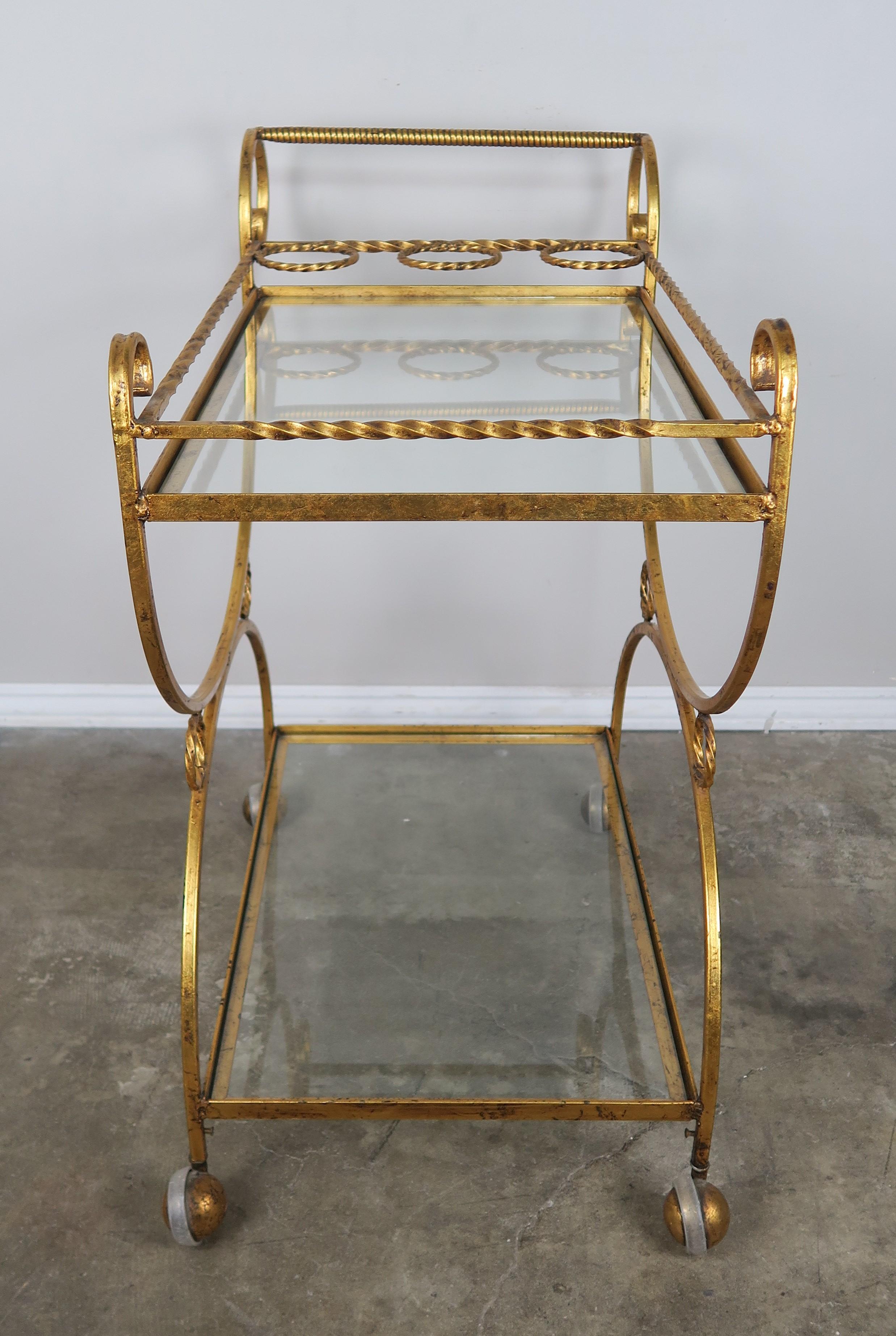 20th Century 2-Shelf Gilt Metal and Glass Serving Cart