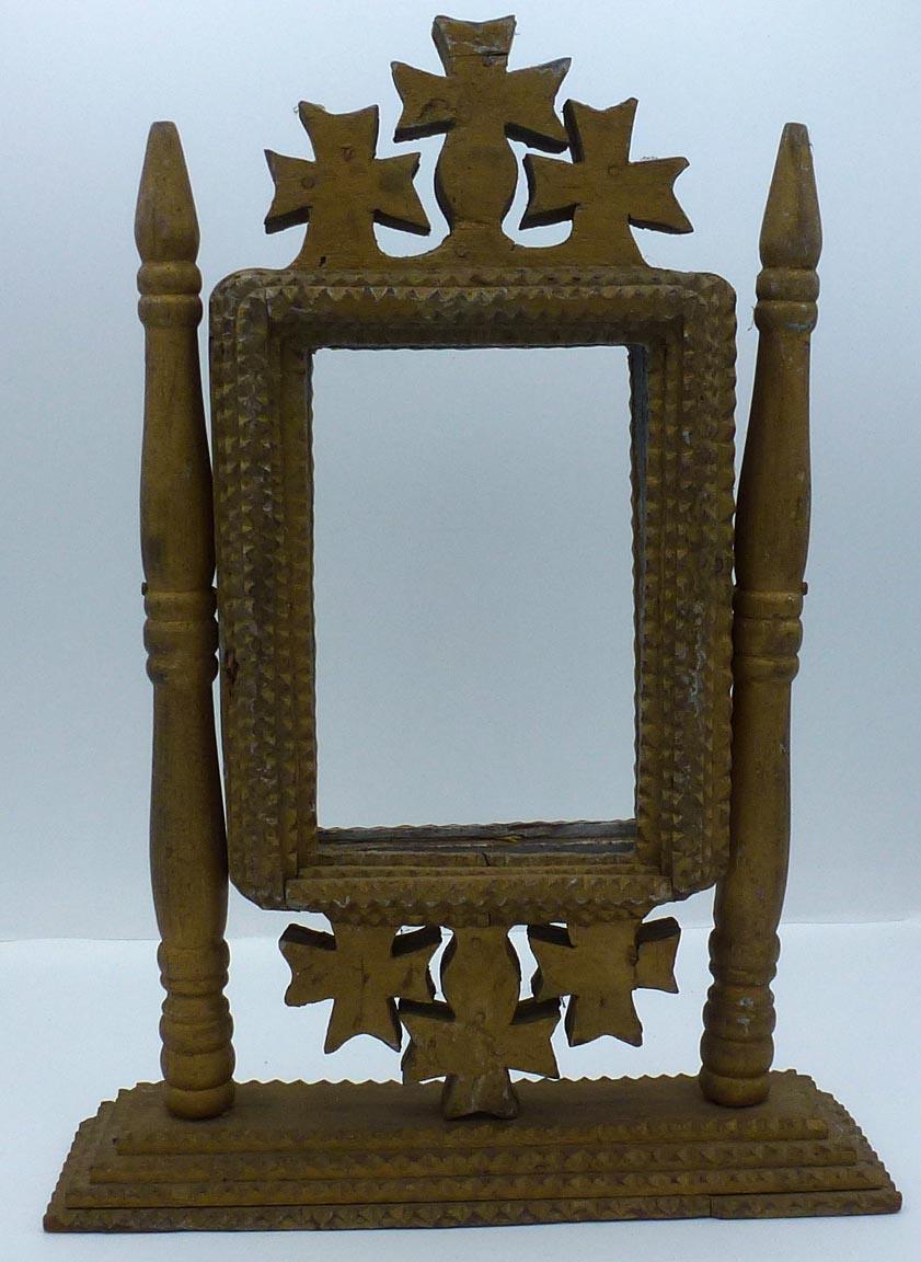 Folk Art 2-Sided, Free-Standing Tramp Art Frame Painted an Old, Oxidized Gold over Silver