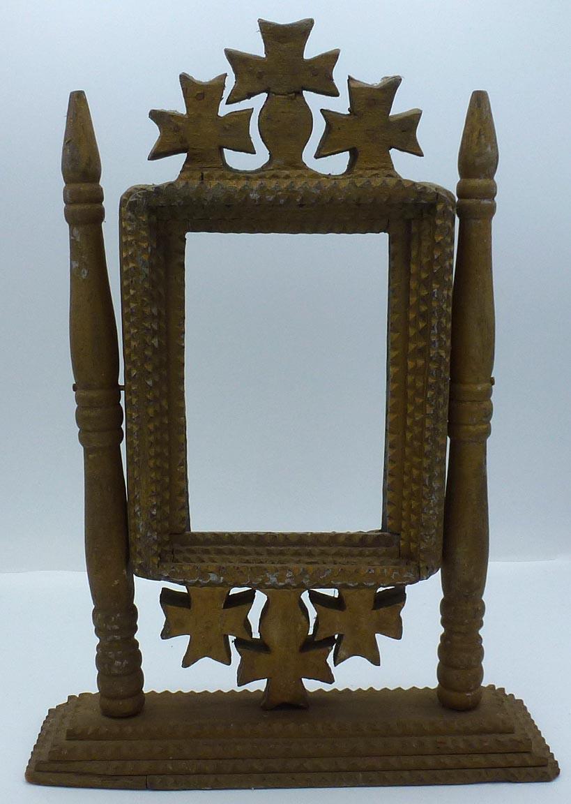 American 2-Sided, Free-Standing Tramp Art Frame Painted an Old, Oxidized Gold over Silver