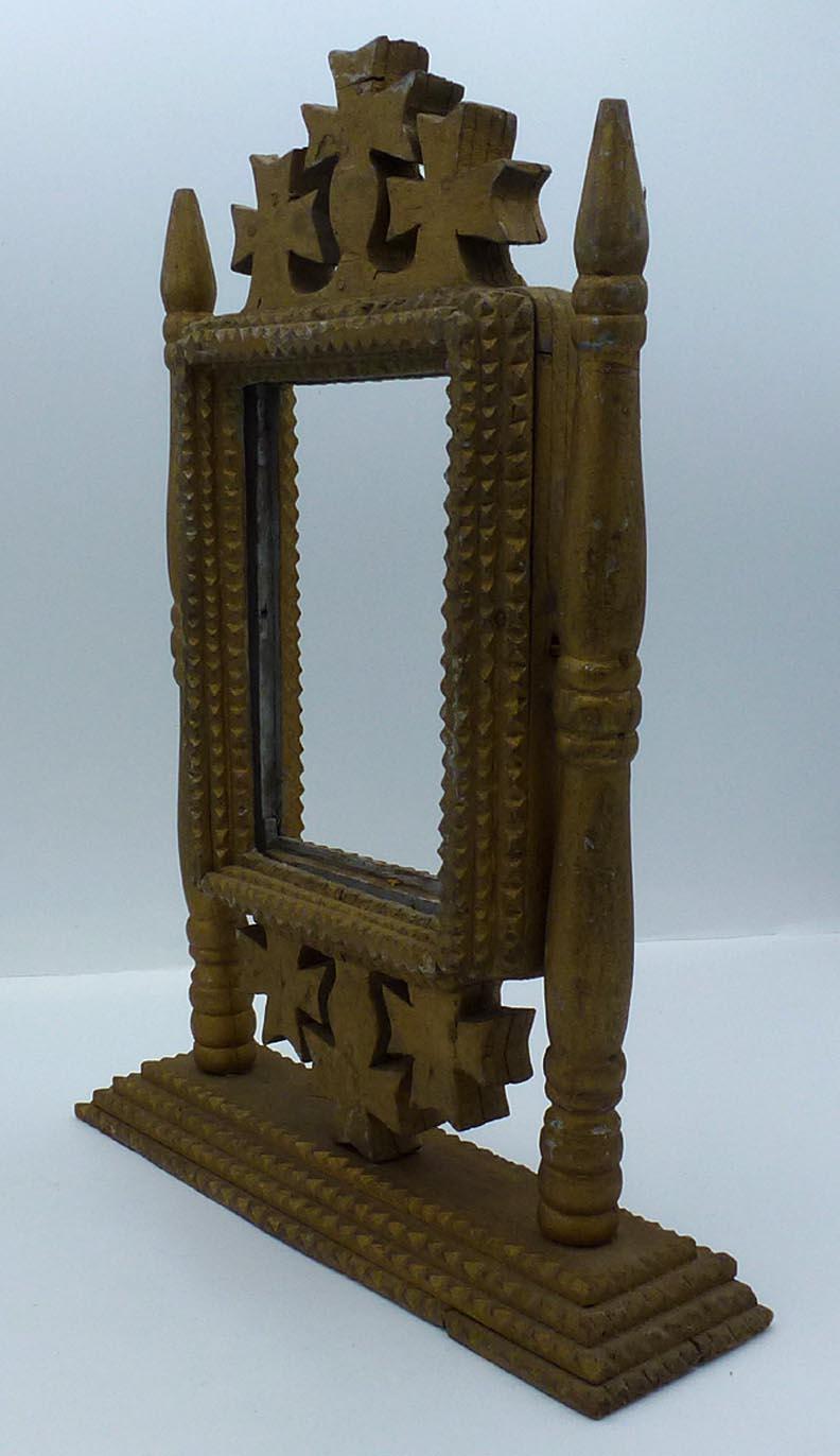 Hand-Painted 2-Sided, Free-Standing Tramp Art Frame Painted an Old, Oxidized Gold over Silver