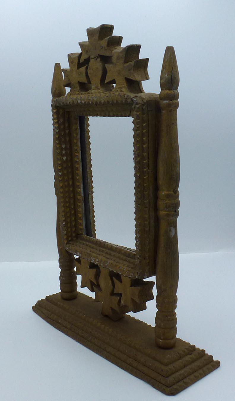 Early 20th Century 2-Sided, Free-Standing Tramp Art Frame Painted an Old, Oxidized Gold over Silver