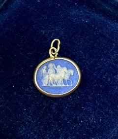 2 Sided God on Chariot and Running Deer Blue Cameo Pendant Necklace Gold Antique