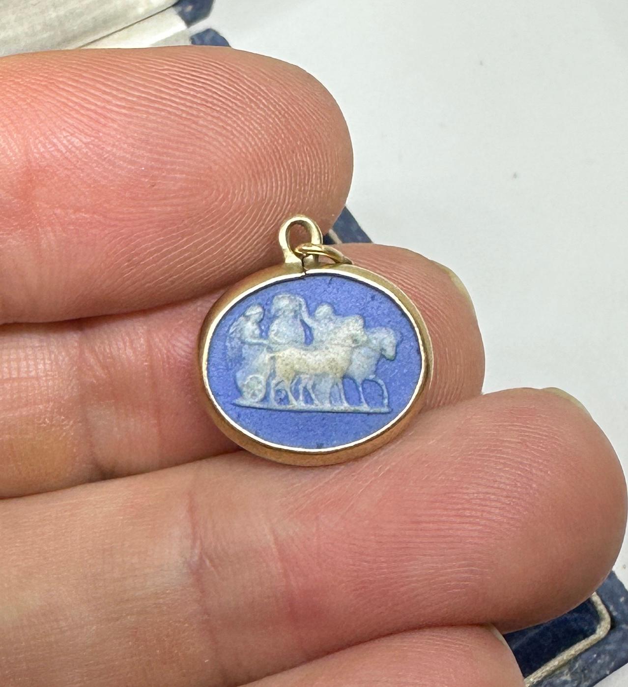 Women's or Men's 2 Sided God on Chariot and Running Deer Blue Cameo Pendant Necklace Gold Antique For Sale