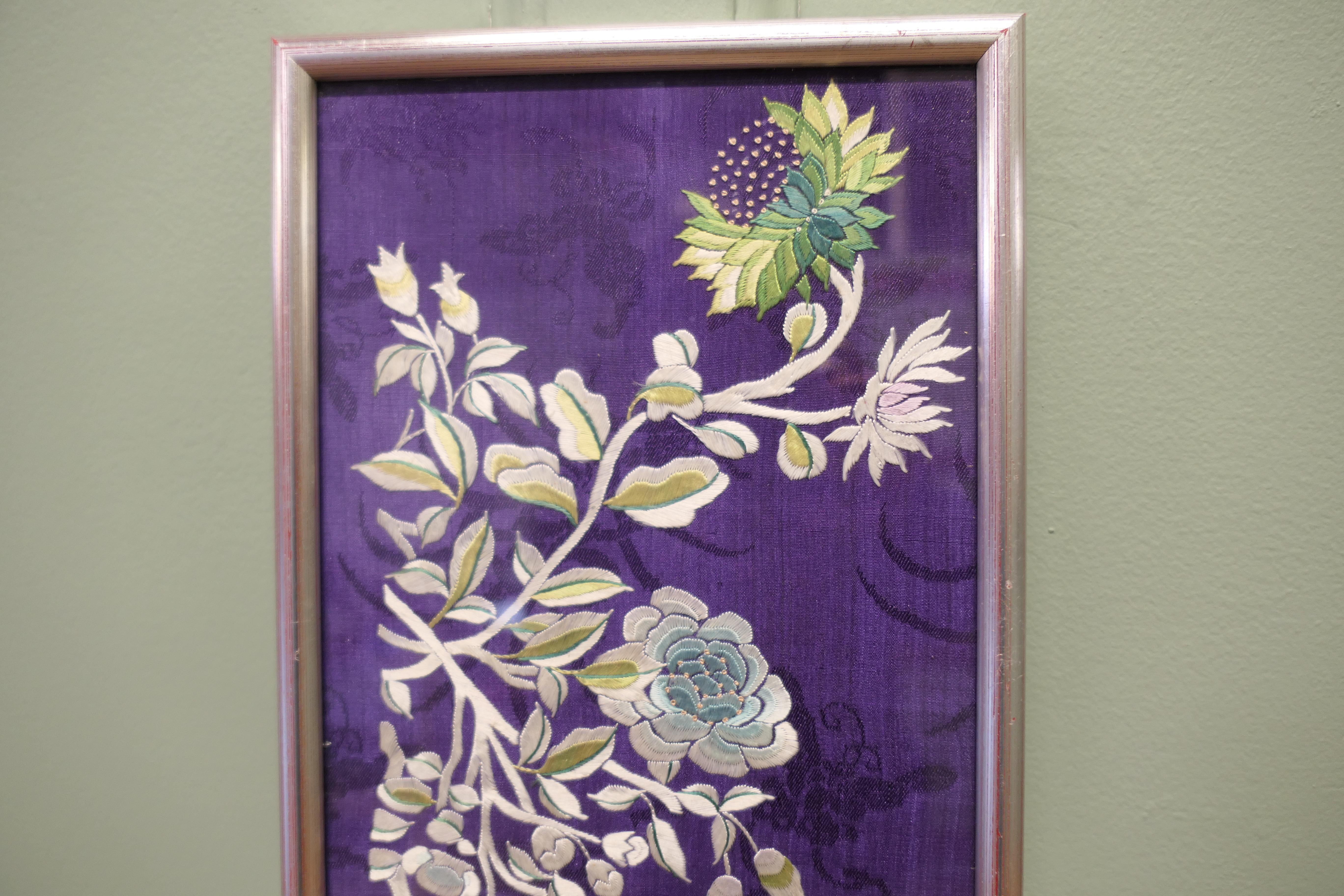 Chinoiserie 2 Silk Embroidered Panels  An attractive pair of oriental style embroideries For Sale