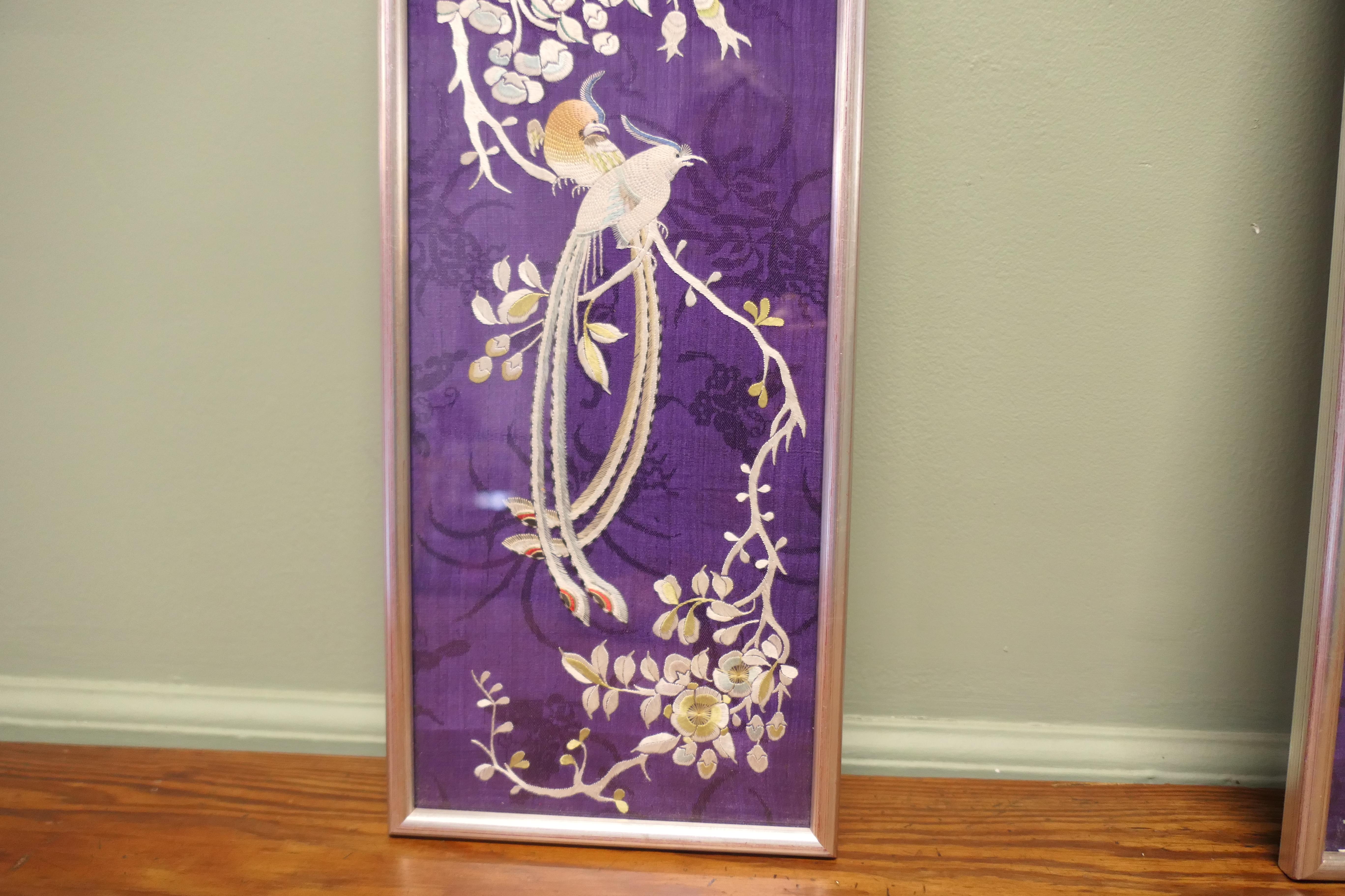 Mid-20th Century 2 Silk Embroidered Panels  An attractive pair of oriental style embroideries For Sale