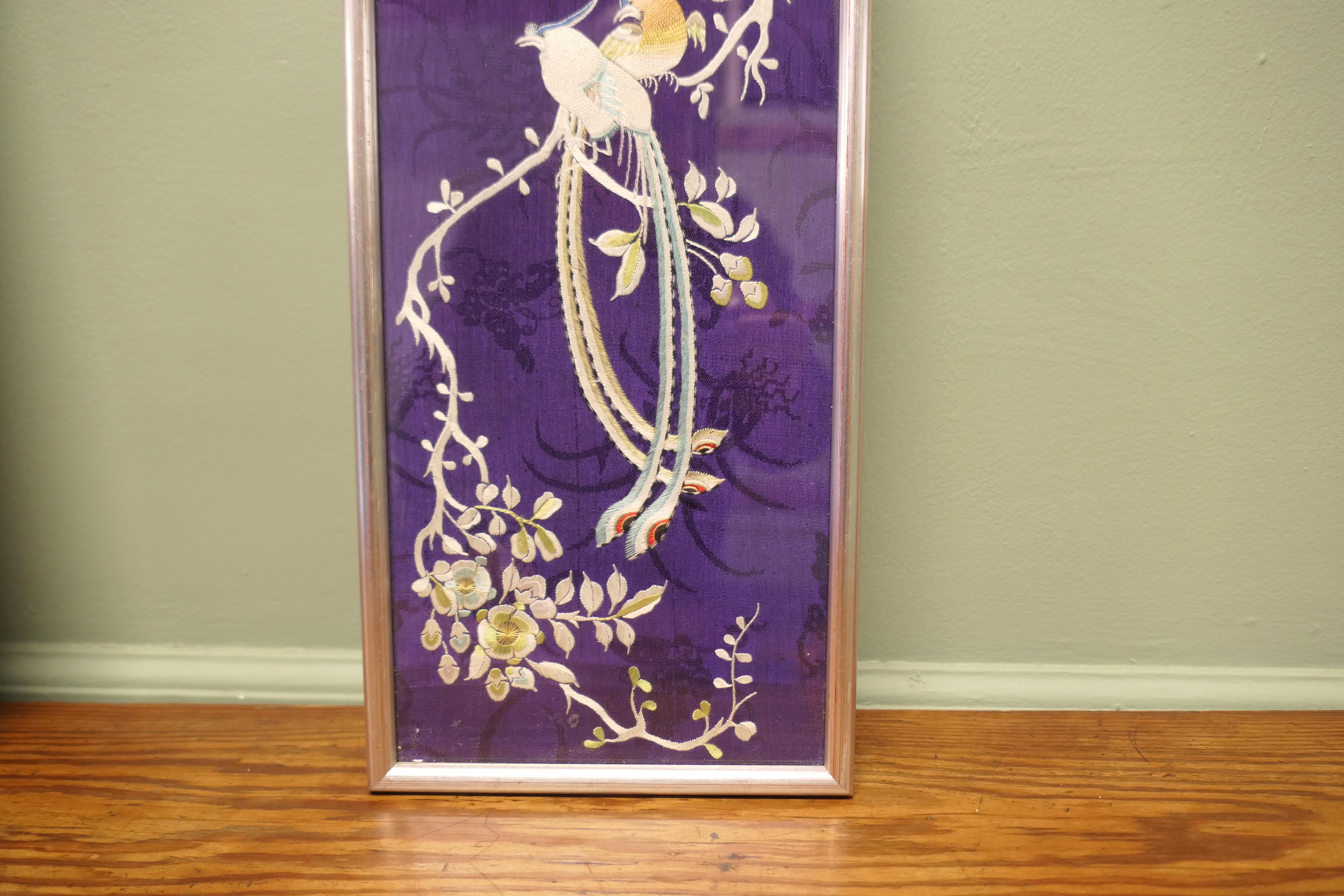 2 Silk Embroidered Panels  An attractive pair of oriental style embroideries For Sale 1