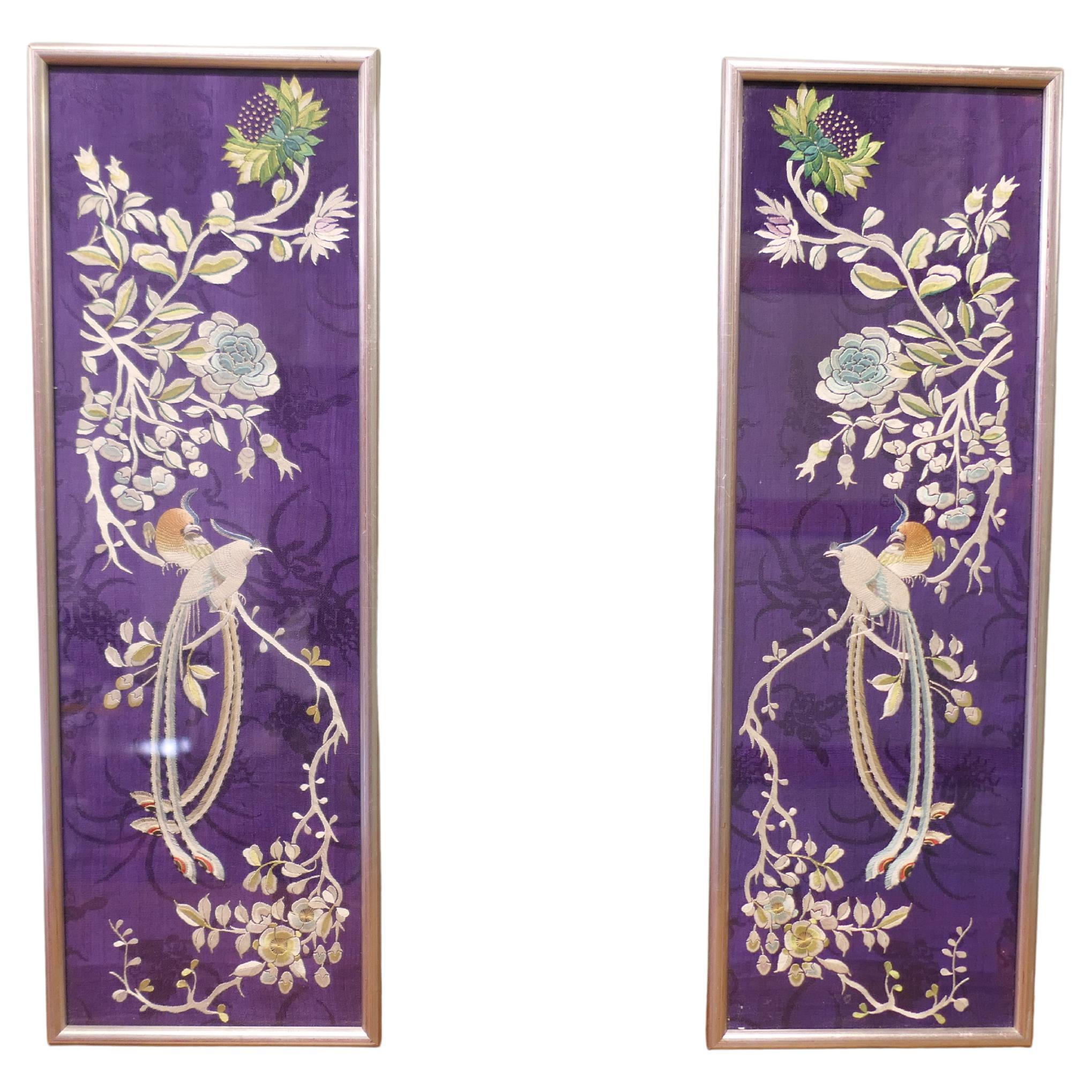 2 Silk Embroidered Panels  An attractive pair of oriental style embroideries For Sale