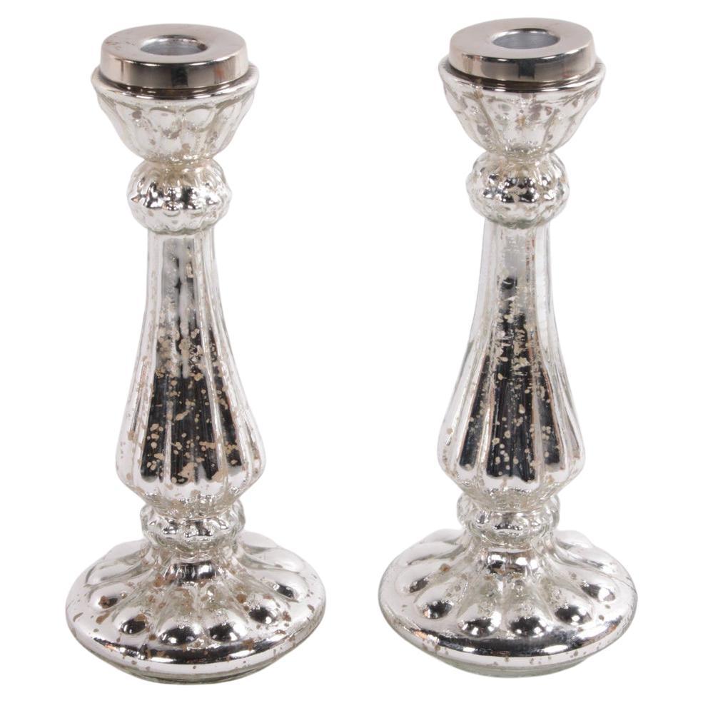  2 Silver Glass Candlesticks 23 cm hight