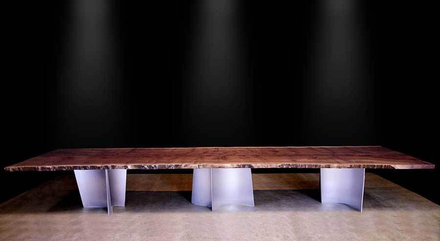 Contemporary Modern 2 Slab Black Walnut Dining Table with Curved Steel Legs For Sale