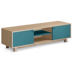 Mueble TV 2 puertas azul de madera de diseño artesanal francés