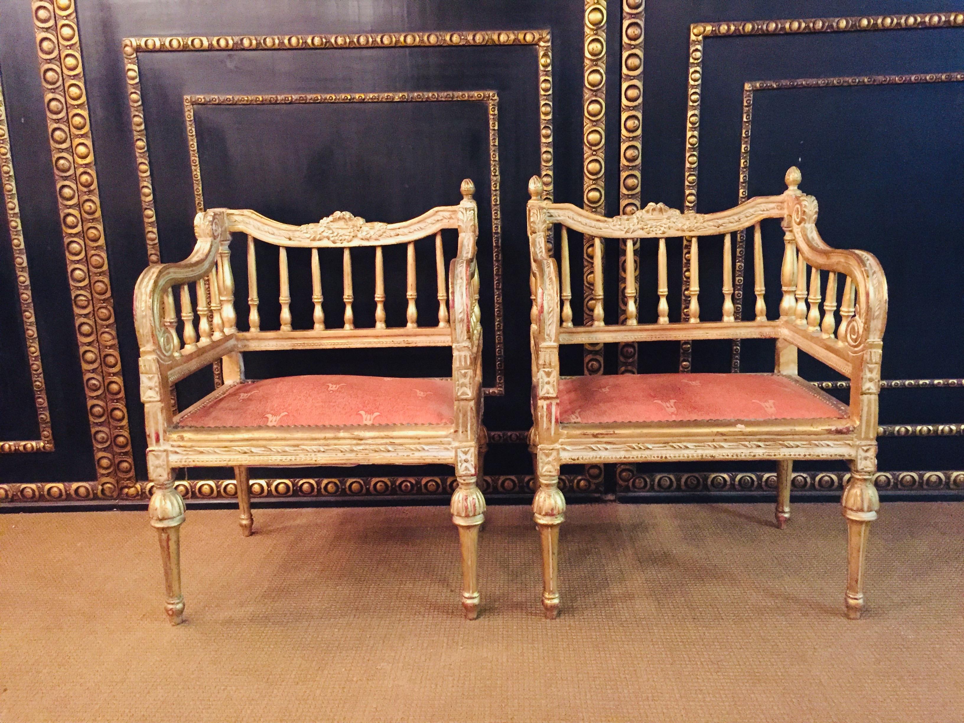 Louis XV two Slightly Smaller Armchairs in antique Louis Seize Style beech gilt