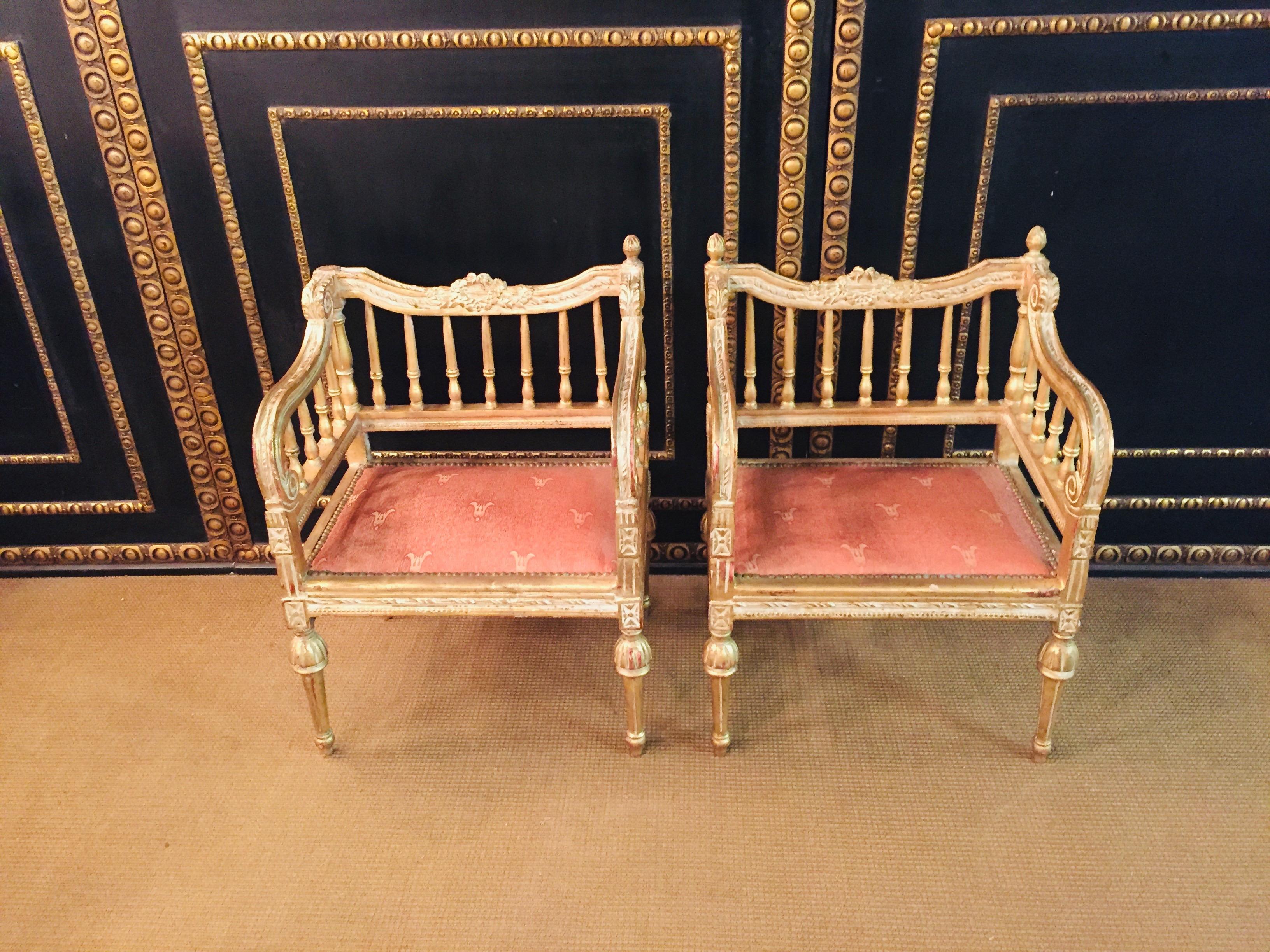 French two Slightly Smaller Armchairs in antique Louis Seize Style beech gilt