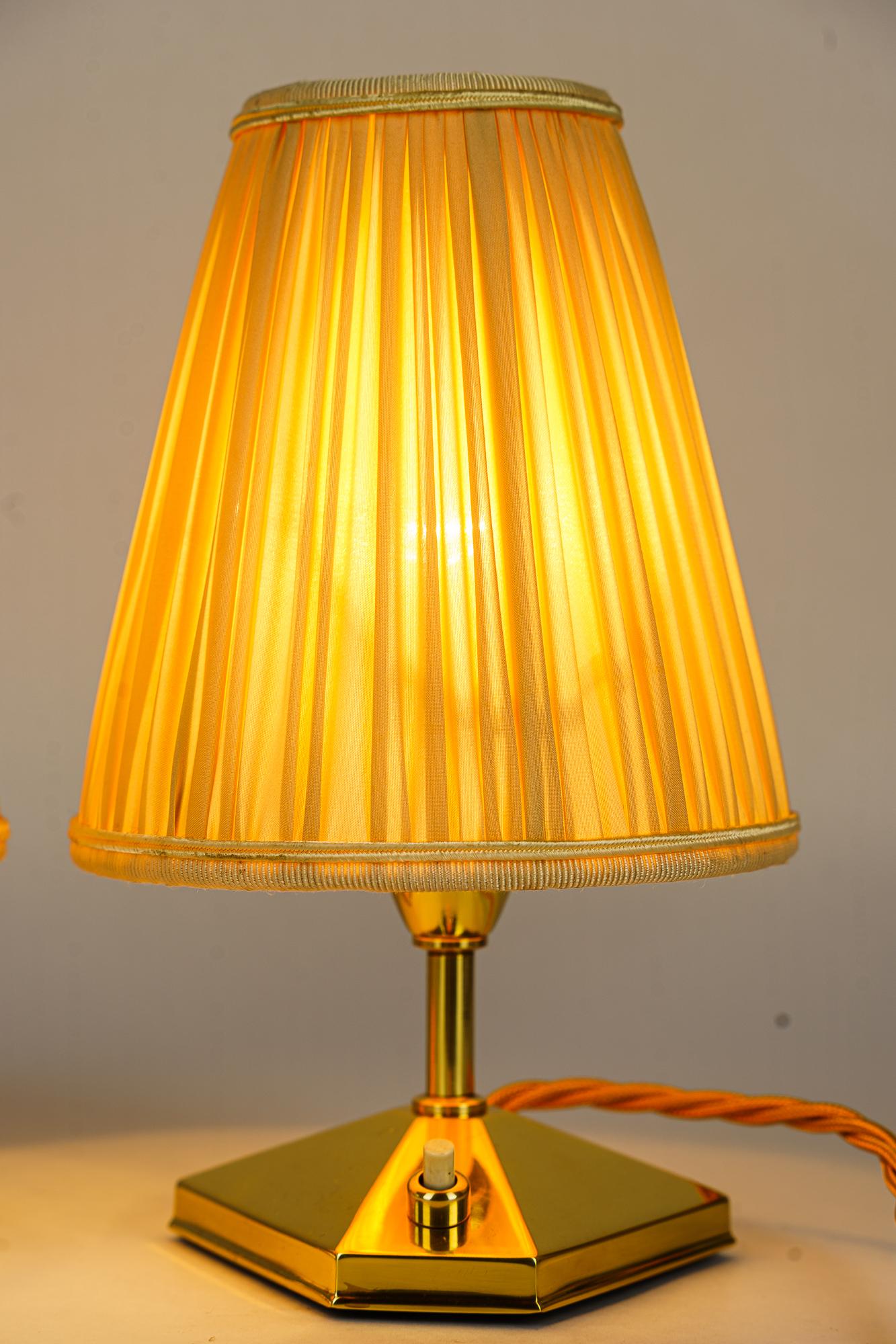 Brass 2 small brass table lamps with fabric shades vienna around 1960s For Sale