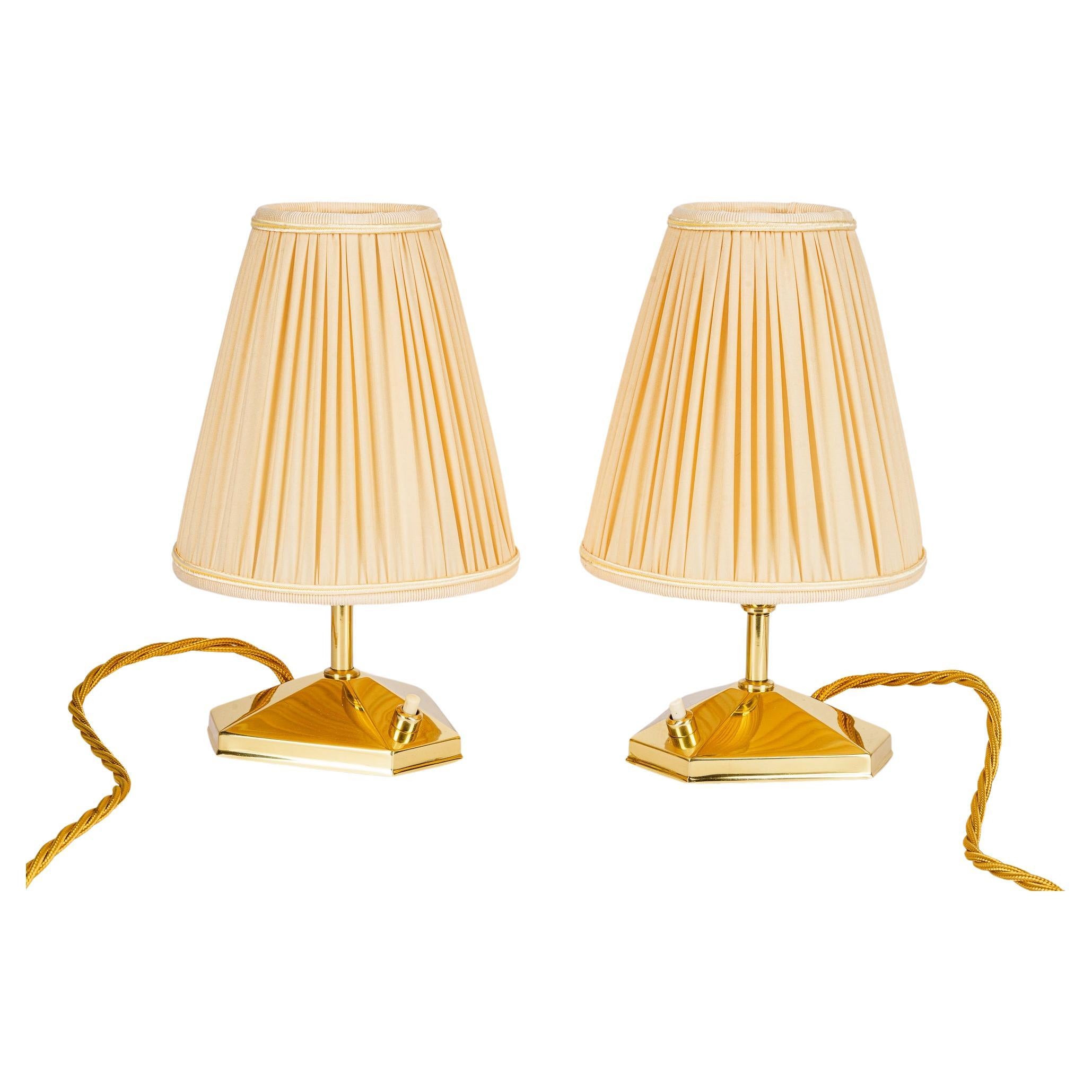 2 small brass table lamps with fabric shades vienna around 1960s For Sale