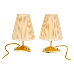 Retro 2 small brass table lamps with fabric shades vienna around 1960s