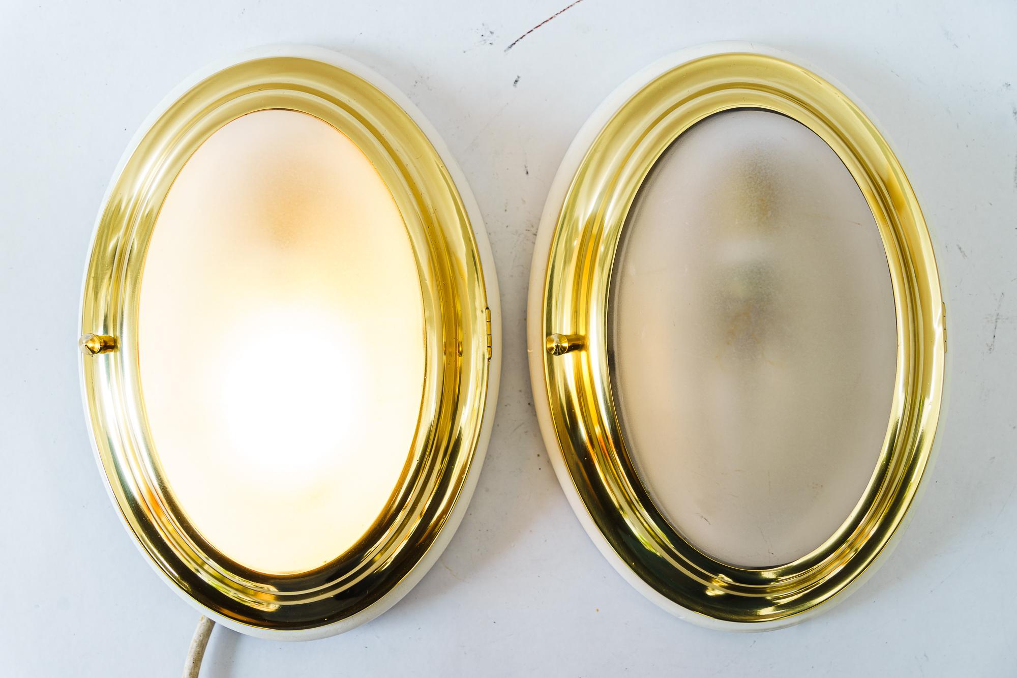 Brass 2 small oval art deco ceiling or wall lamps viernna around 1920s For Sale