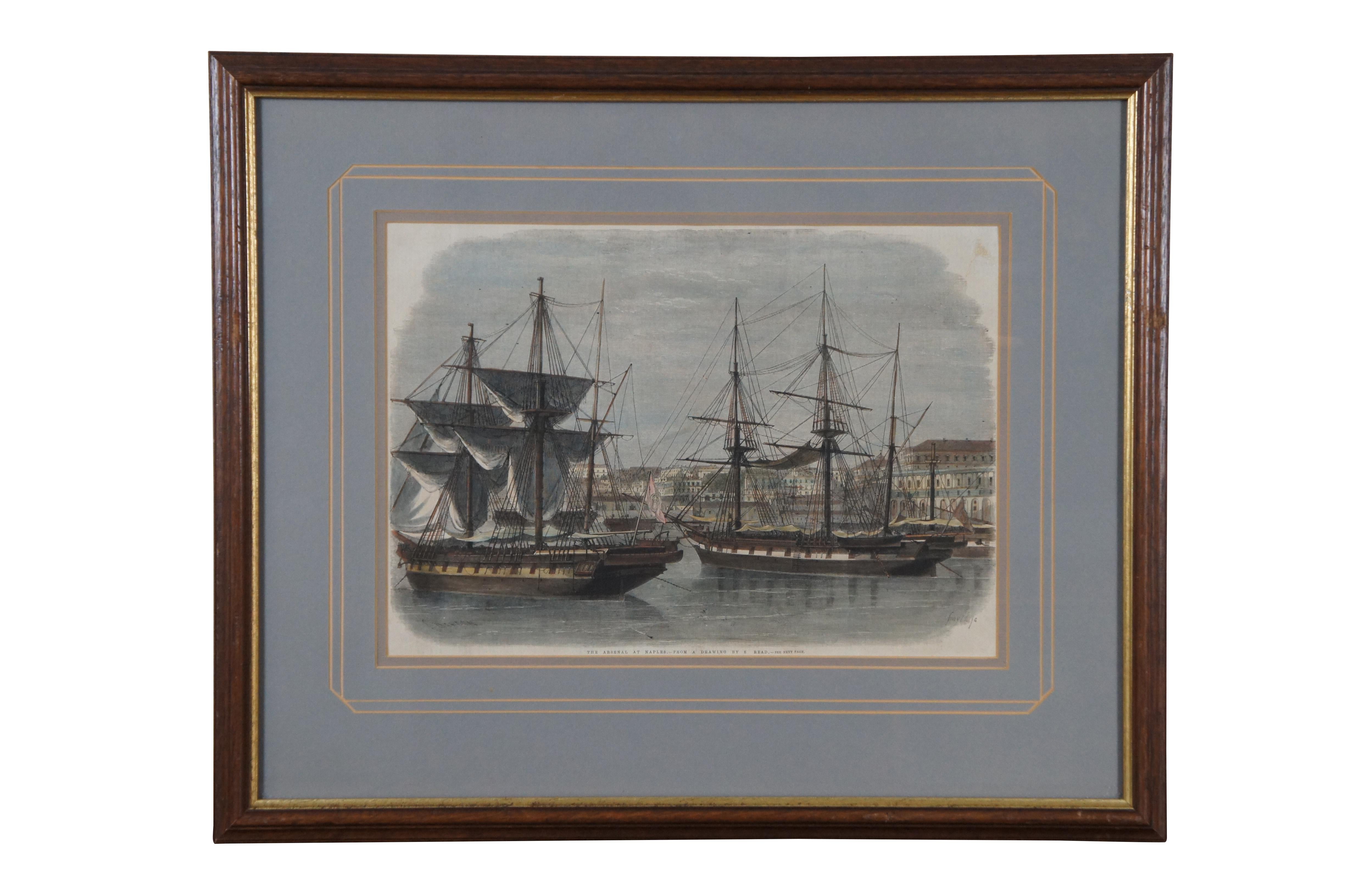 Pair of antique hand colored boat / ship / Galleon engravings depicting “The Arsenal at Naples – From a Drawing by S. Read” and “Her Majesty the Queen Leaving Greenhithe in the Royal Yacht for Germany” from The Illustrated London News, by Frederick