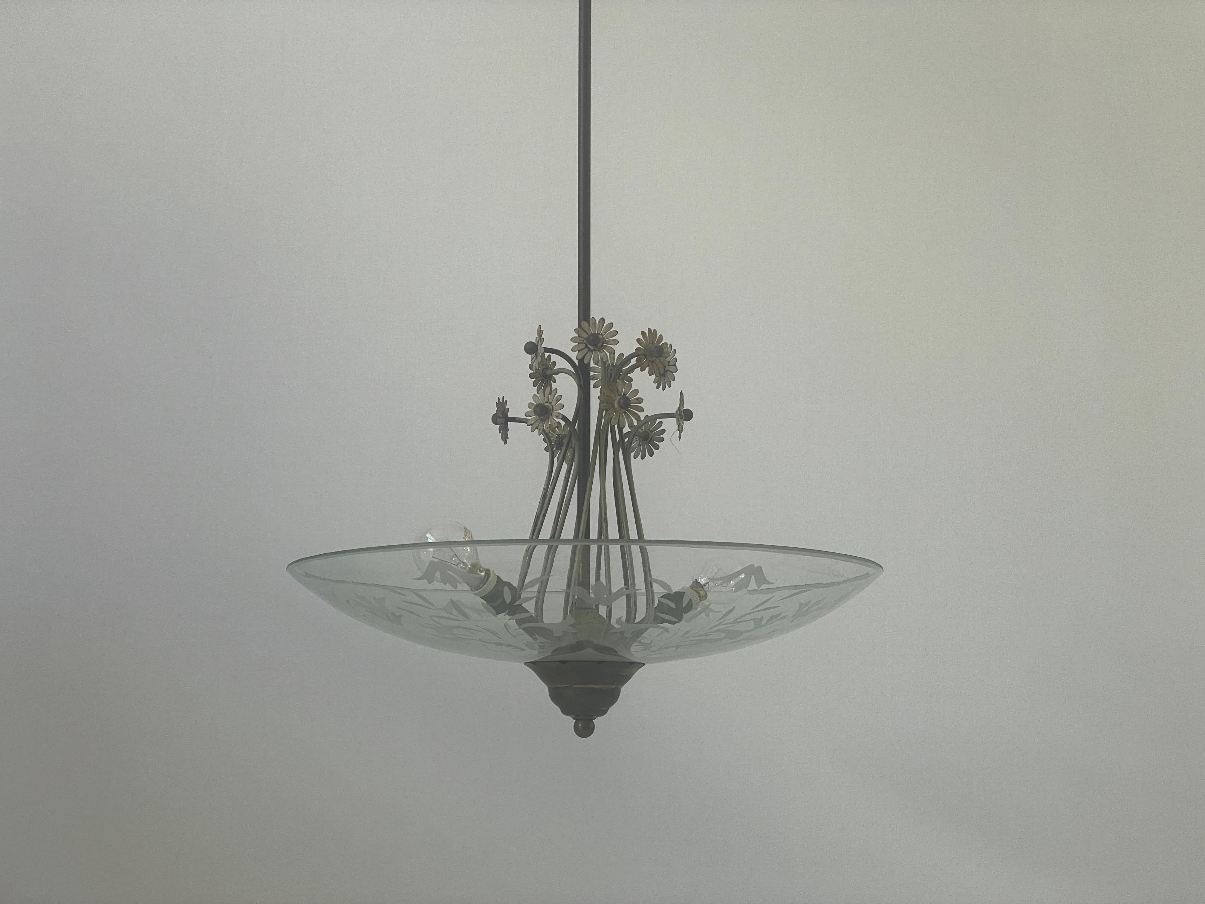 2-socket Chandelier with Flower Ornates on the Glass Shade, 1940s, Italy For Sale 3
