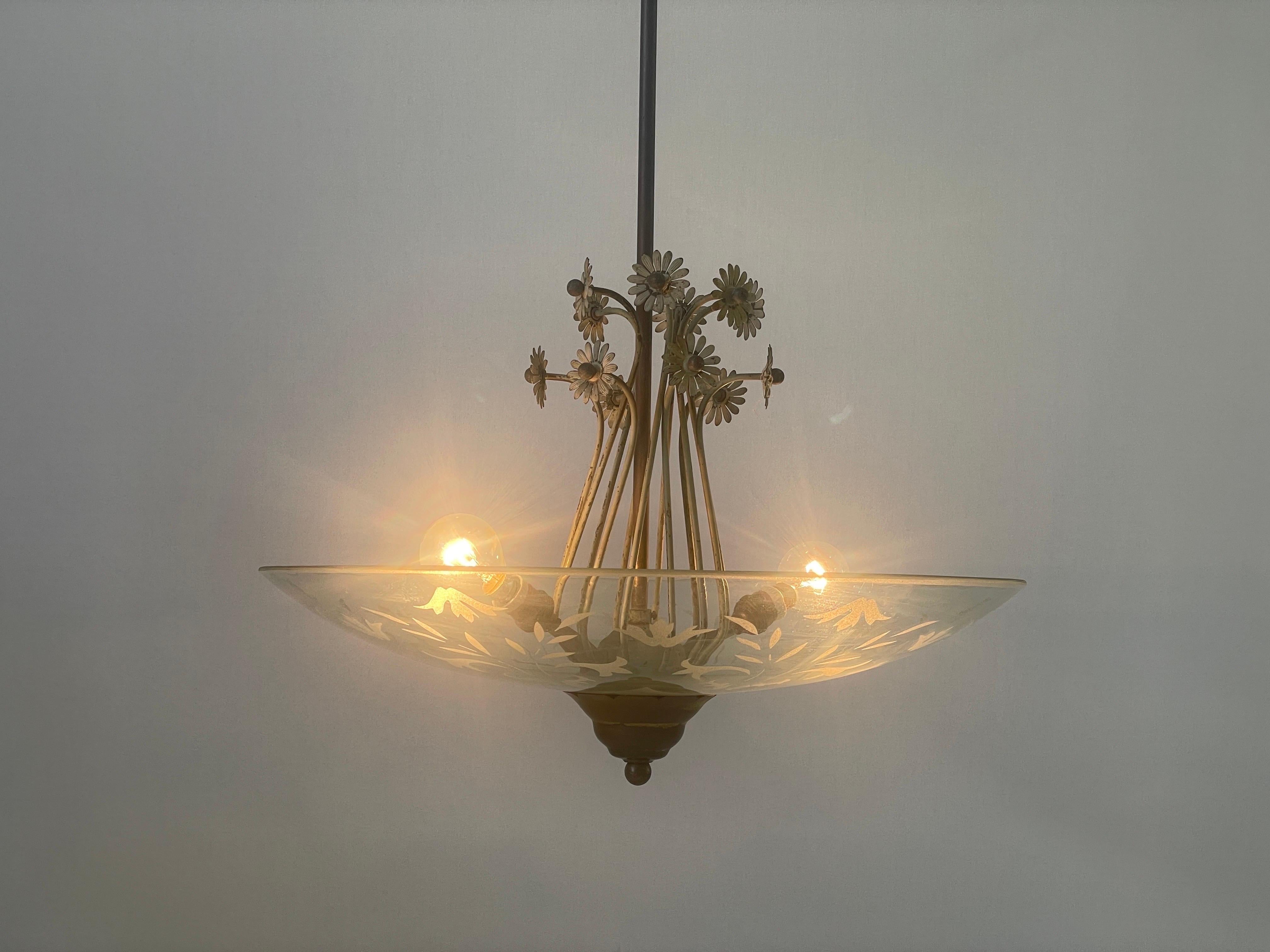 2-socket Chandelier with Flower Ornates on the Glass Shade, 1940s, Italy For Sale 5