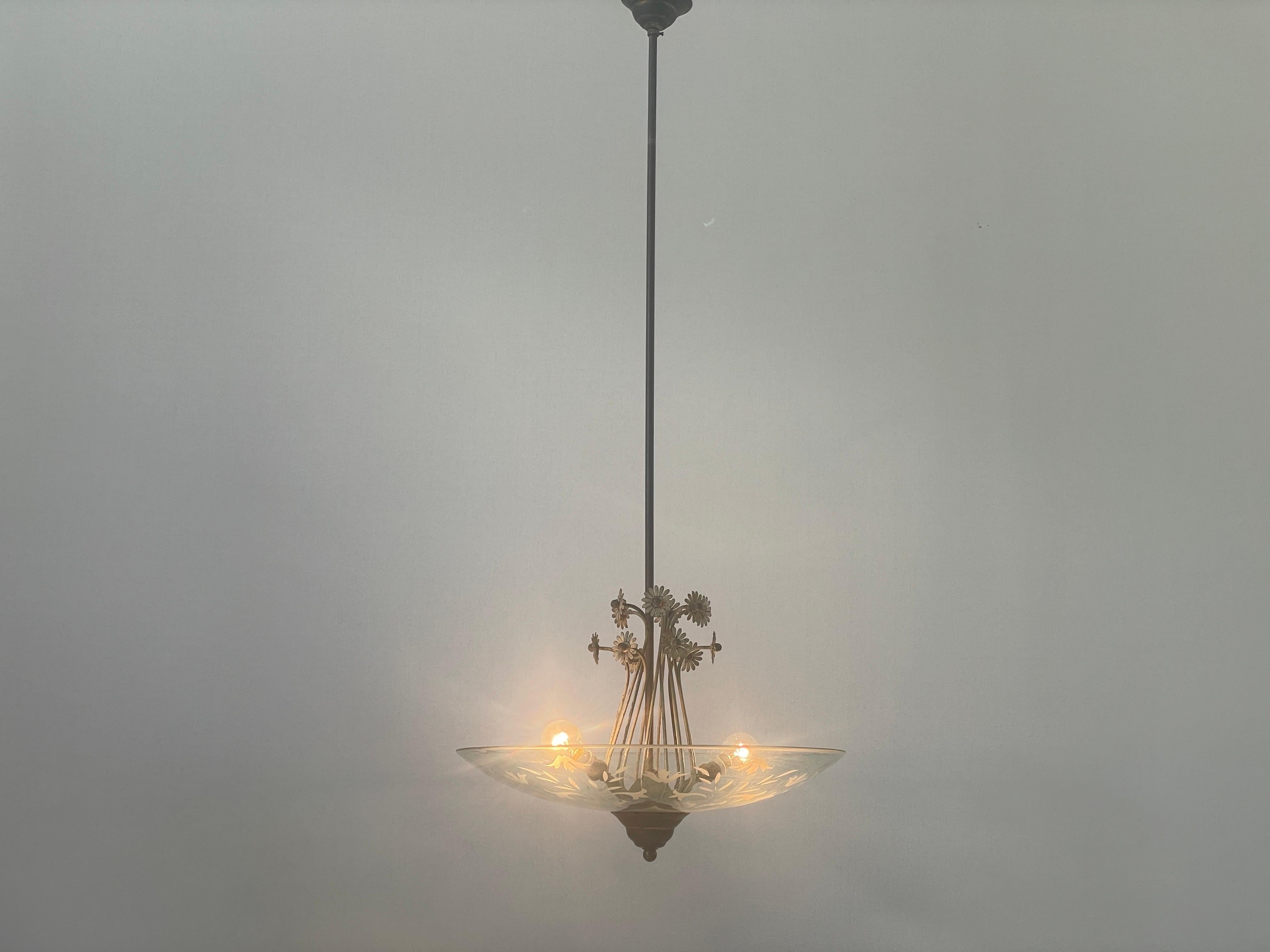 2-socket Chandelier with Flower Ornates on the Glass Shade, 1940s, Italy For Sale 6