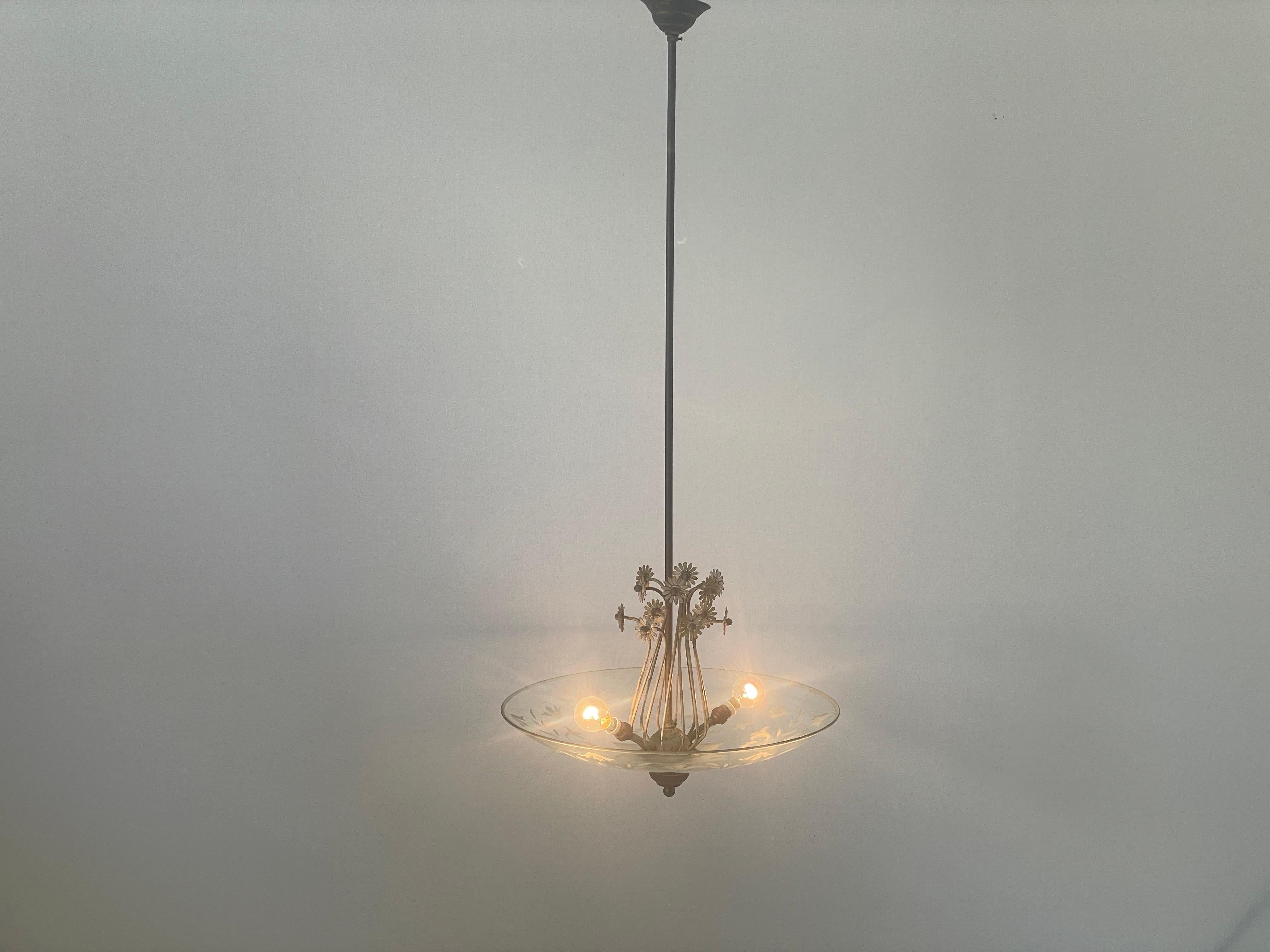 2-socket Chandelier with Flower Ornates on the Glass Shade, 1940s, Italy For Sale 7
