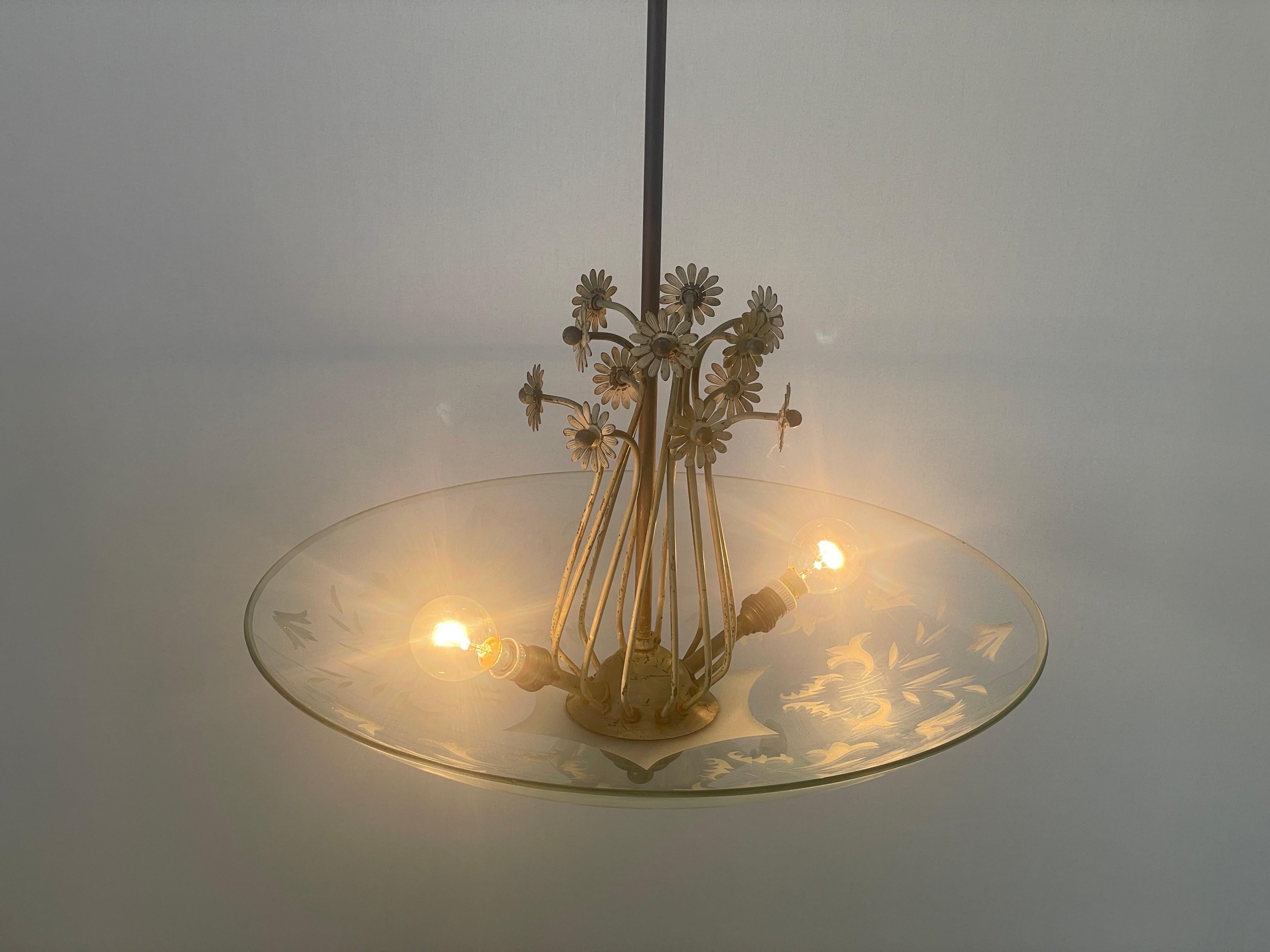 2-socket Chandelier with Flower Ornates on the Glass Shade, 1940s, Italy For Sale 8