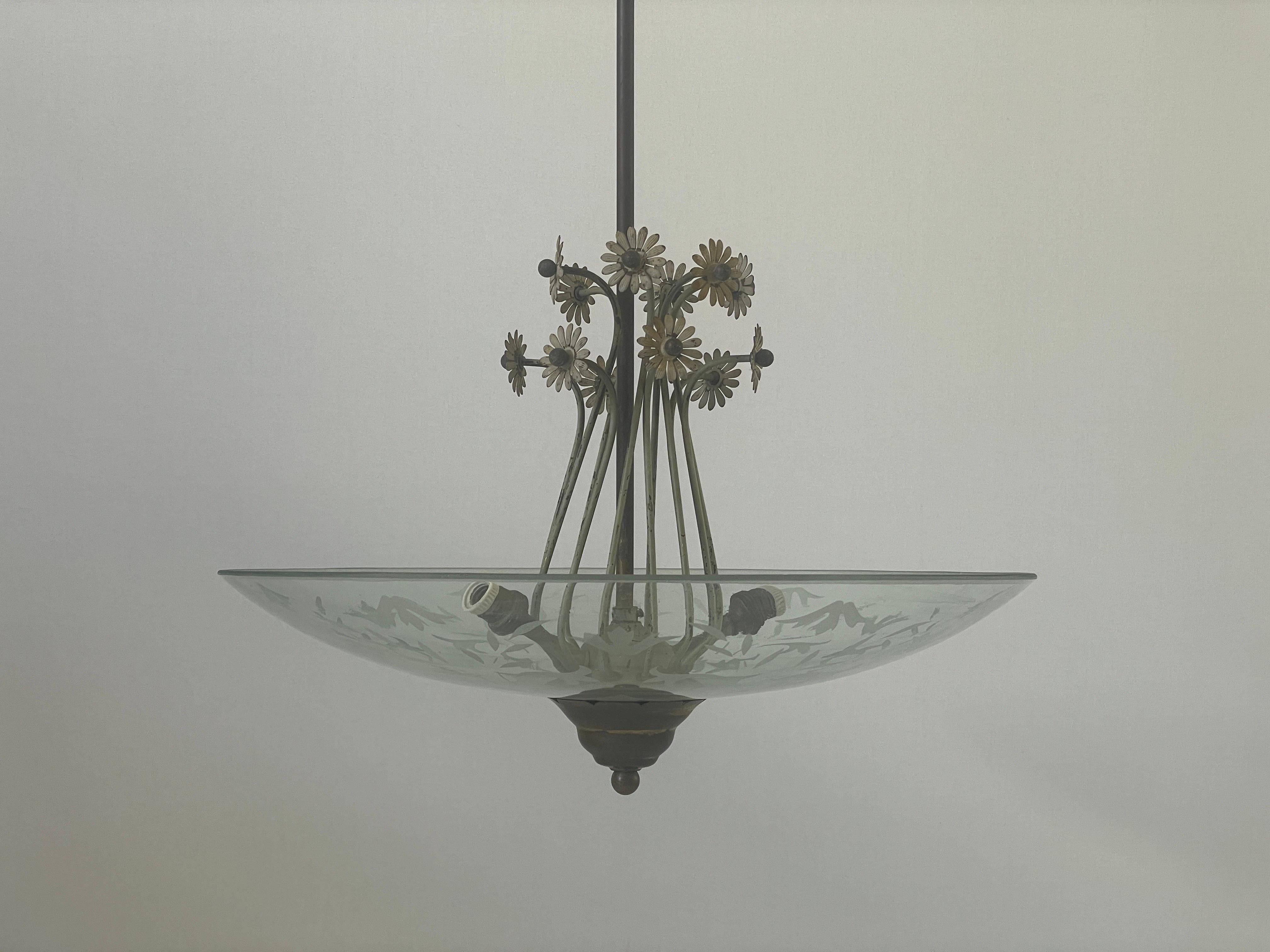 2-socket Chandelier with Flower Ornates on the Glass Shade, 1940s, Italy

Lampshade is in good condition and very clean. 
This lamp works with 2x E14 light bulbs.
Wired and suitable to use with 220V and 110V for all countries.

Measurements: 
Total