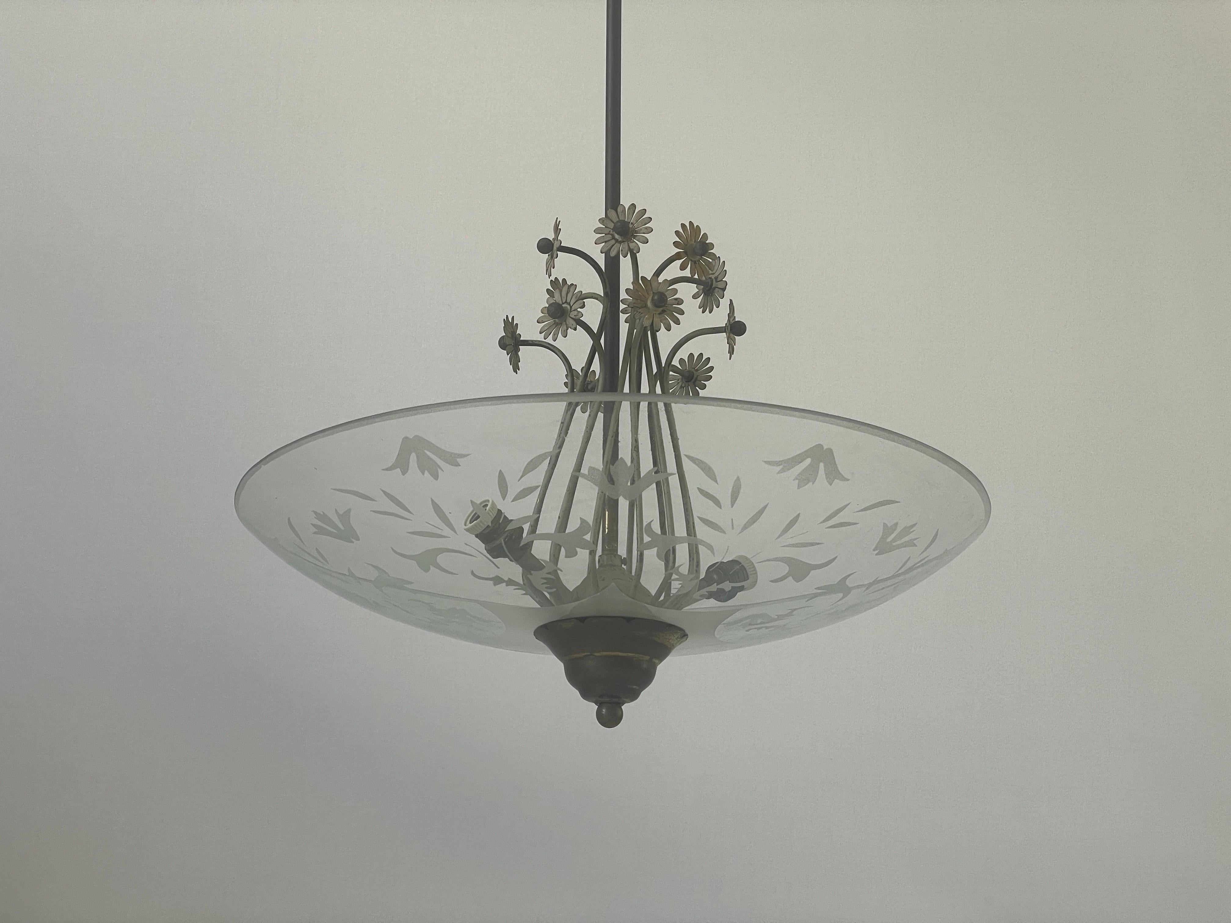 Italian 2-socket Chandelier with Flower Ornates on the Glass Shade, 1940s, Italy For Sale