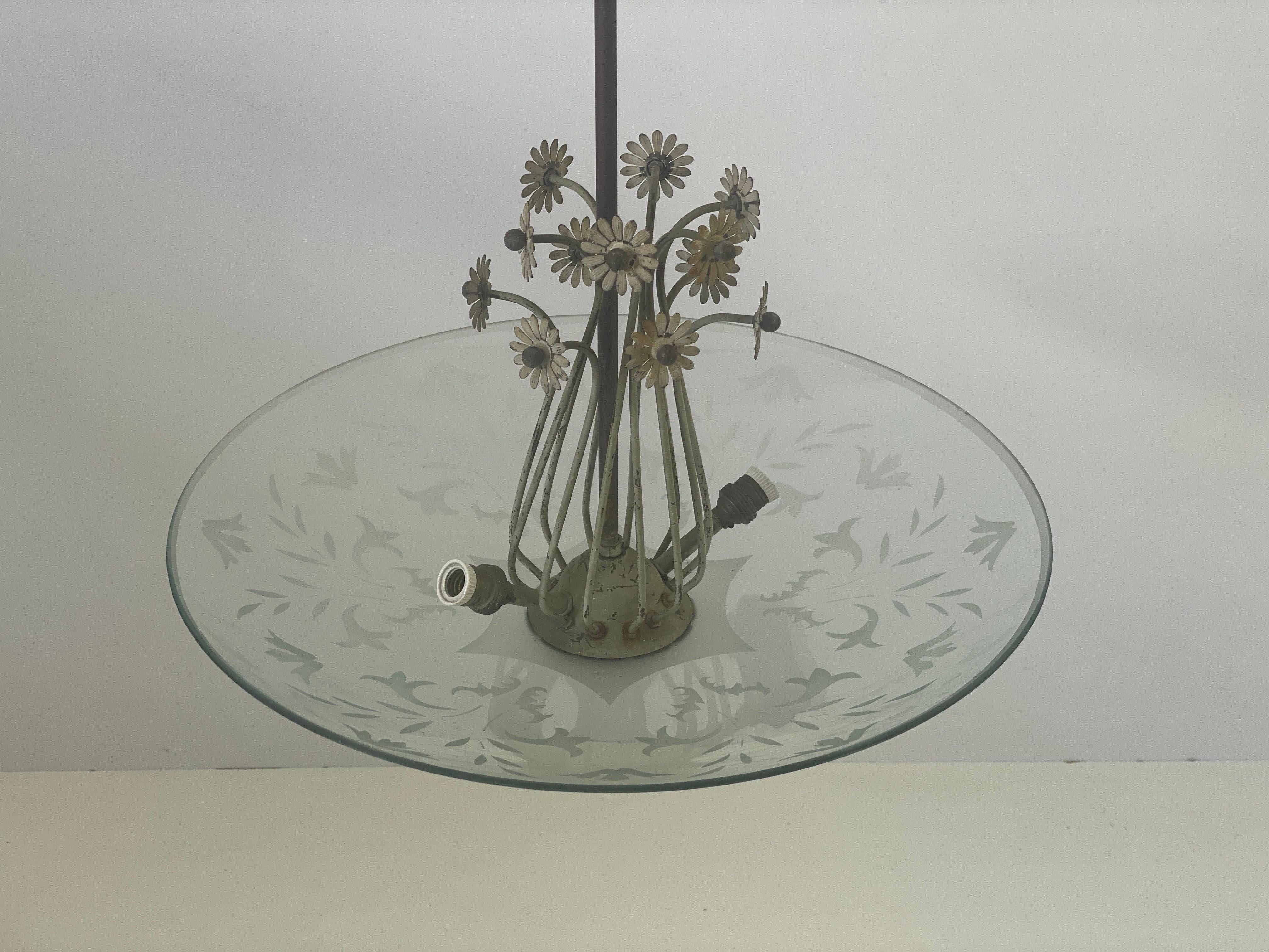 2-socket Chandelier with Flower Ornates on the Glass Shade, 1940s, Italy In Excellent Condition For Sale In Hagenbach, DE