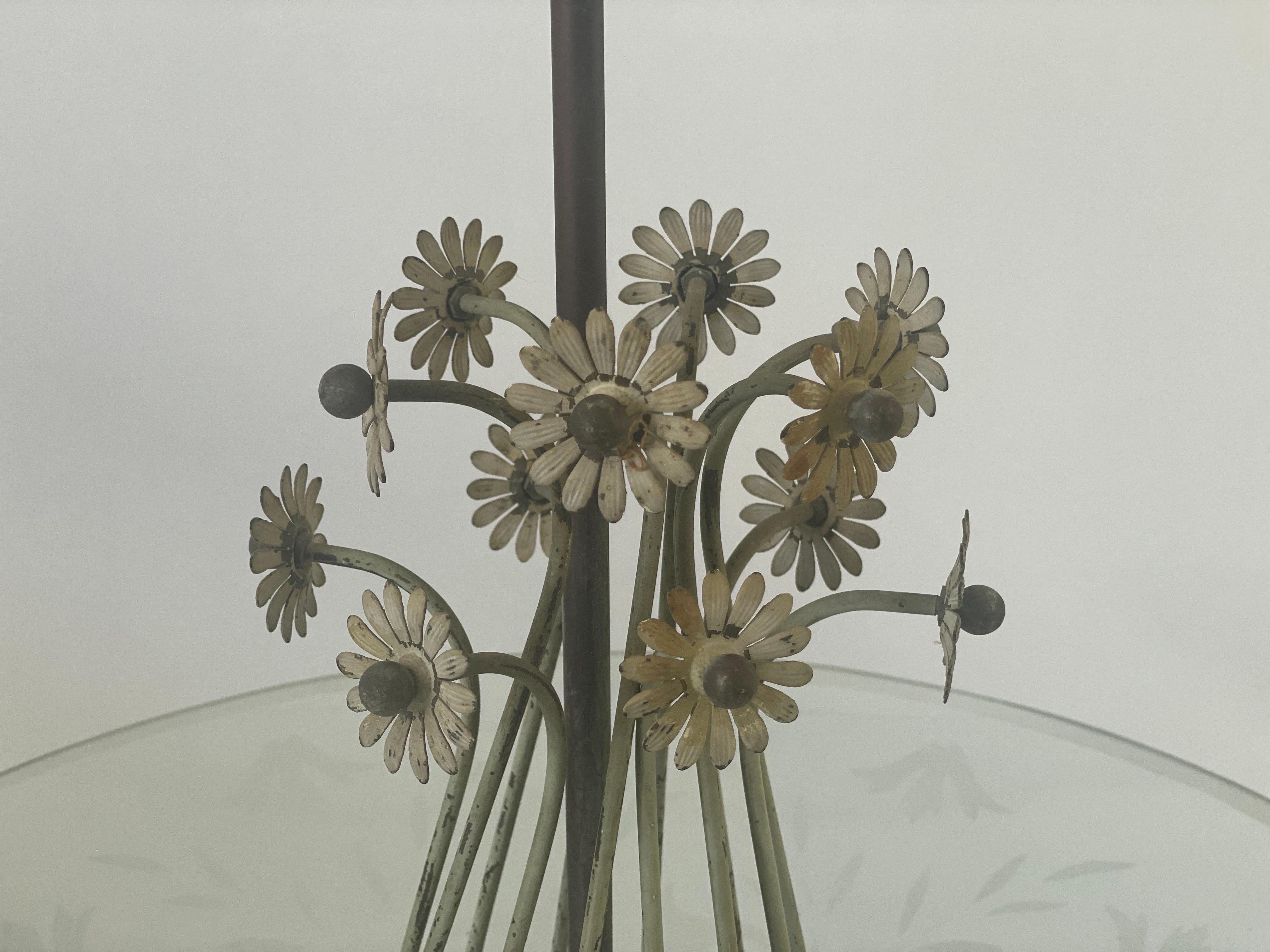 Metal 2-socket Chandelier with Flower Ornates on the Glass Shade, 1940s, Italy For Sale