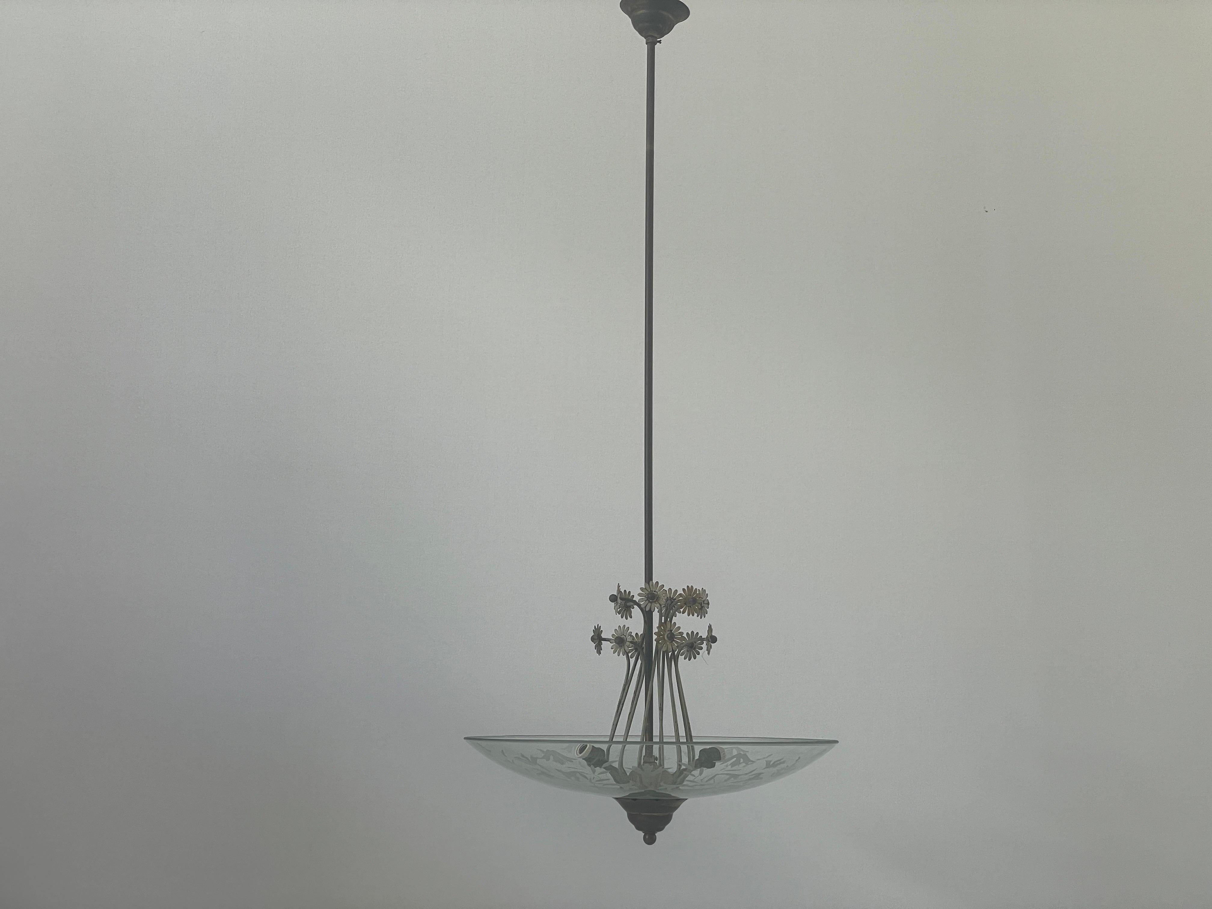 2-socket Chandelier with Flower Ornates on the Glass Shade, 1940s, Italy For Sale 1
