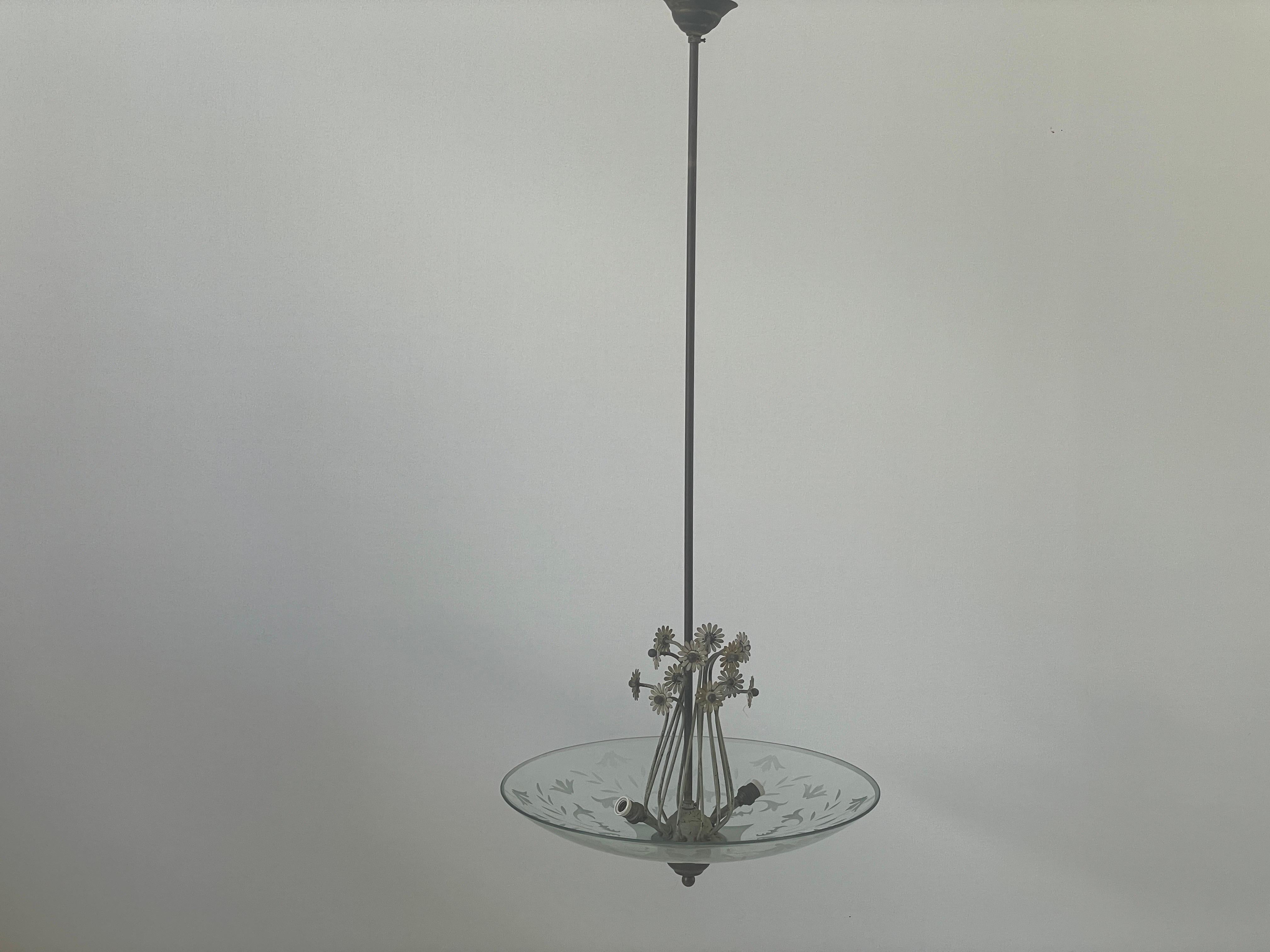 2-socket Chandelier with Flower Ornates on the Glass Shade, 1940s, Italy For Sale 2