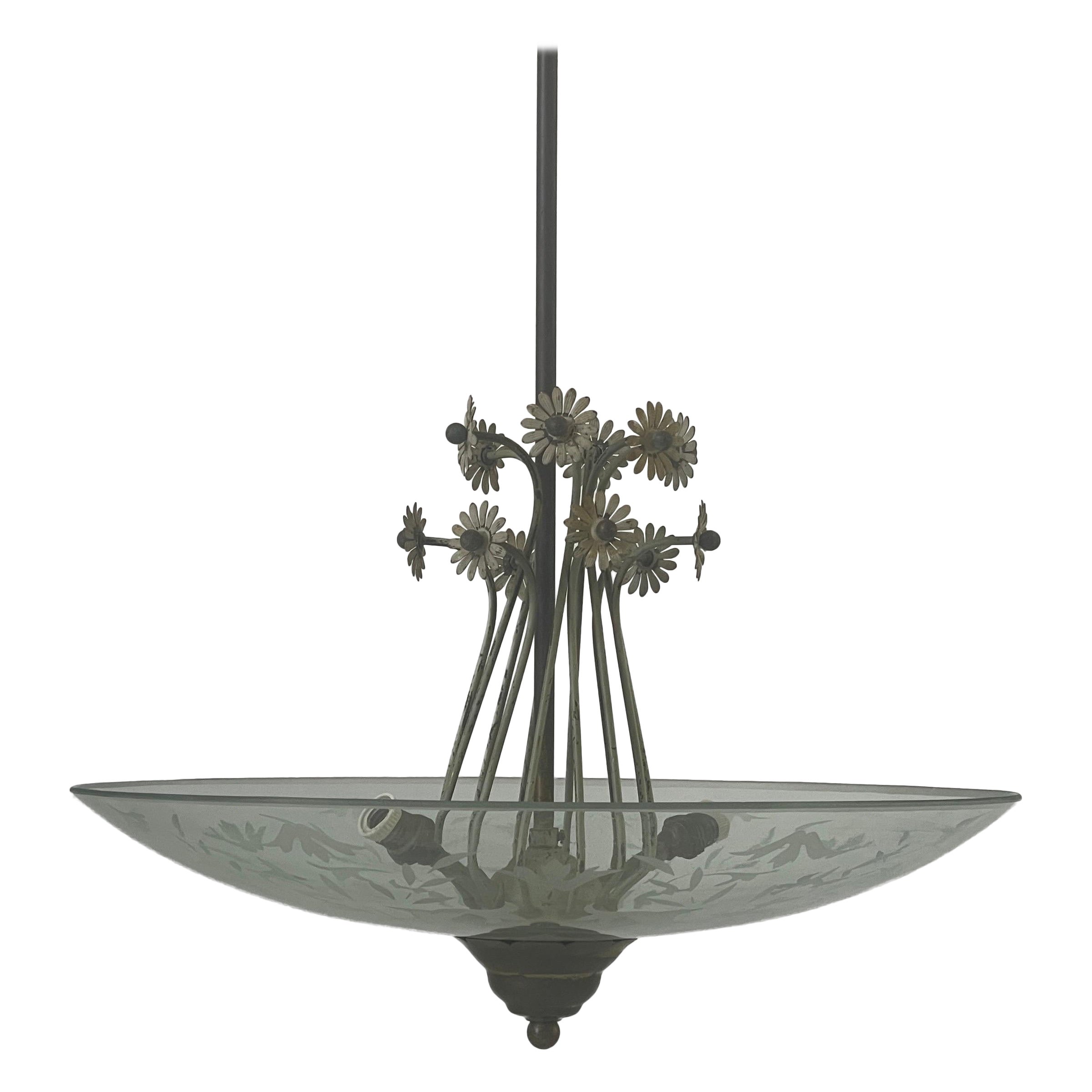 2-socket Chandelier with Flower Ornates on the Glass Shade, 1940s, Italy For Sale