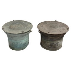 2 Southeast Asian Bronze Rain Drums with Great Patina
