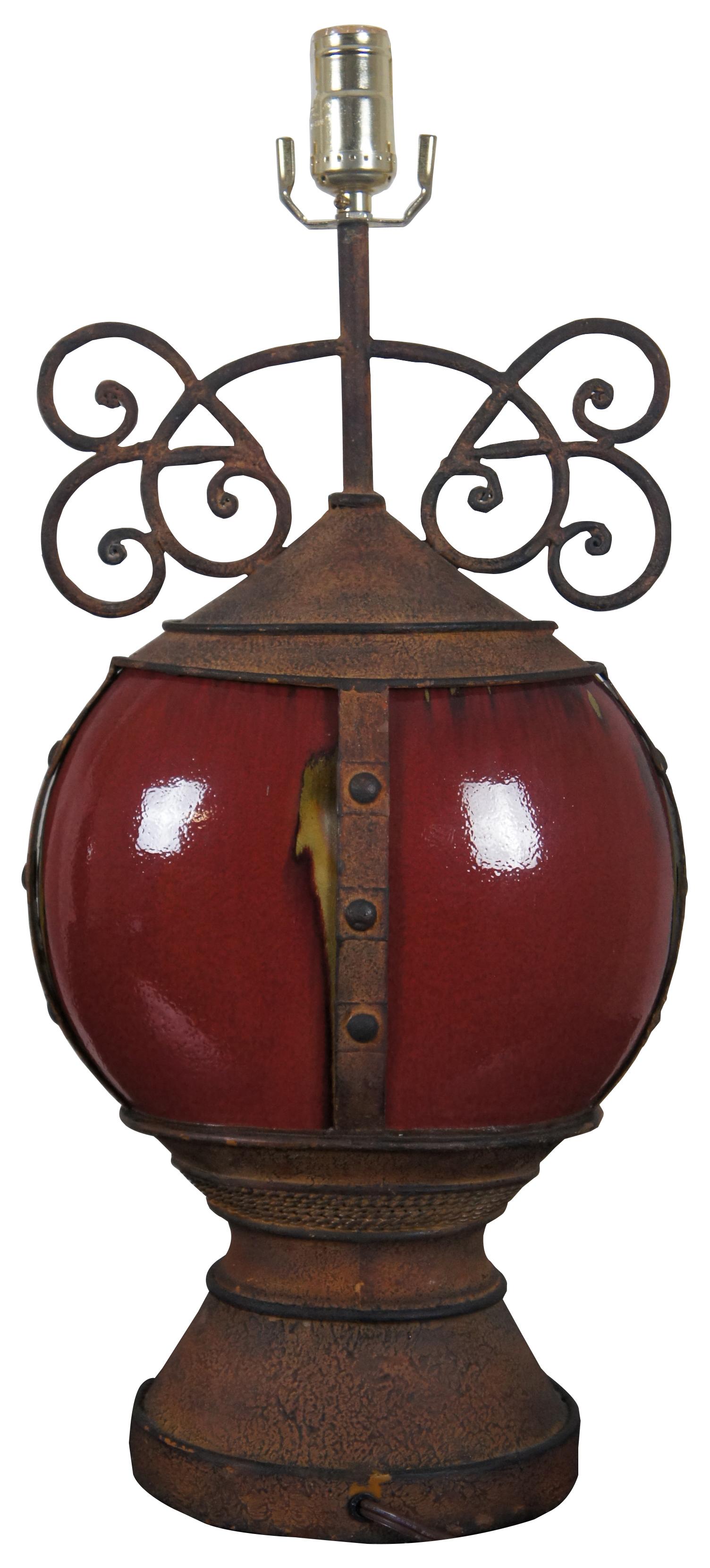 Rustic 2 Southwestern Scrolled Wrought Iron Oxblood Red Ceramic Table Lamps Light