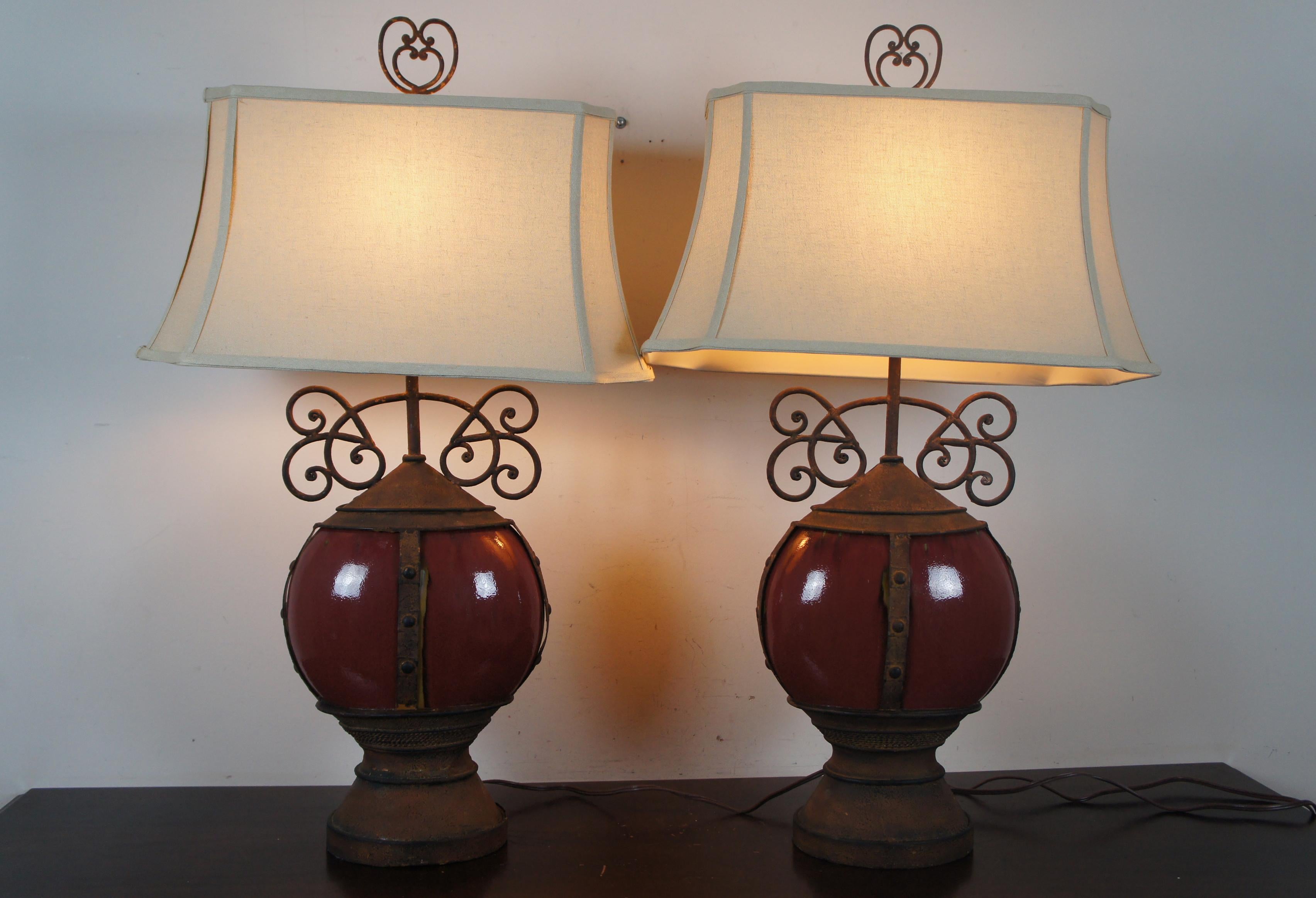 20th Century 2 Southwestern Scrolled Wrought Iron Oxblood Red Ceramic Table Lamps Light