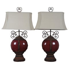 2 Southwestern Scrolled Wrought Iron Oxblood Red Ceramic Table Lamps Light
