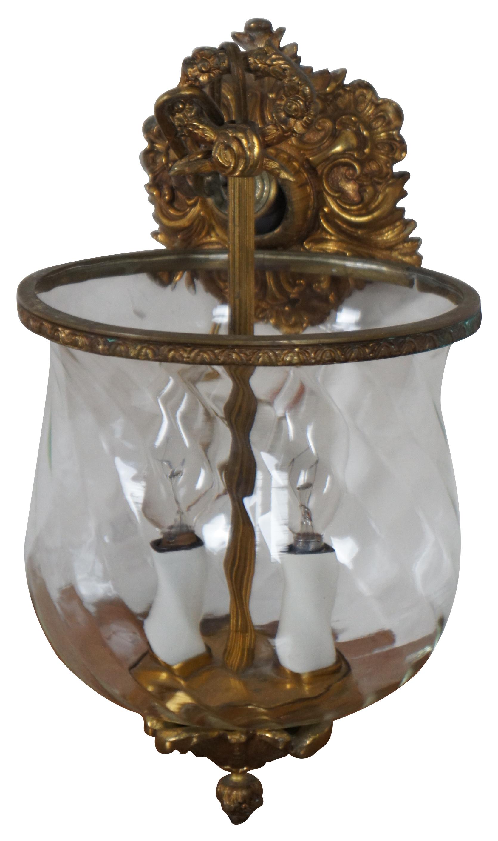 2 Spanish Baroque Brass Glass Bell Jar Hurricane Pendant Hanging Lantern In Good Condition In Dayton, OH