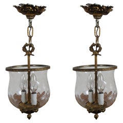 2 Spanish Baroque Brass Glass Bell Jar Hurricane Pendant Hanging Lantern