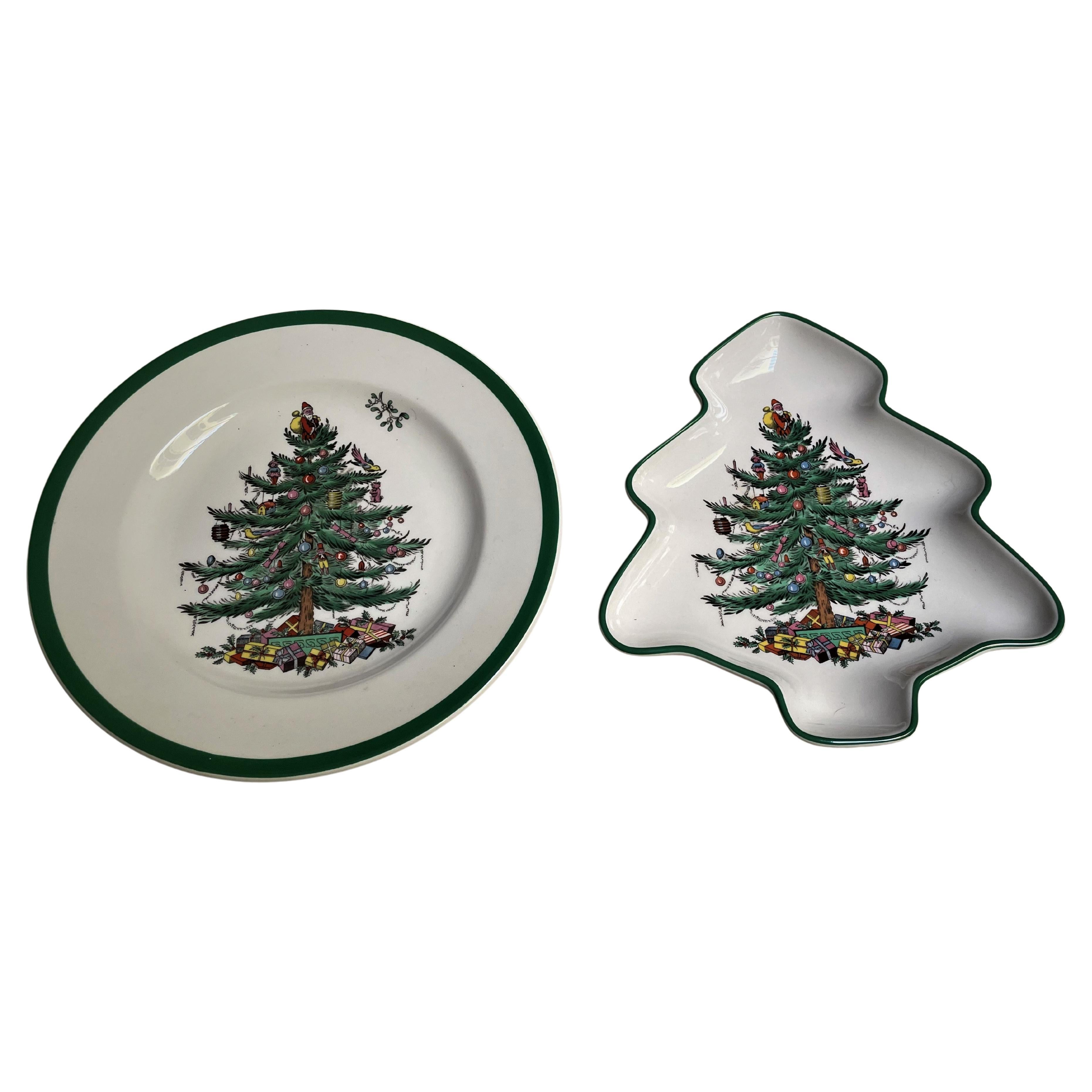 2 Spode "Christmas Tree" Shaped Nut Candy Condiment Plate Bowl #38 #21 Set