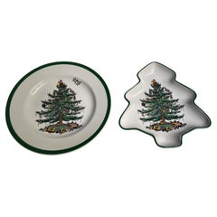 Vintage 2 Spode "Christmas Tree" Shaped Nut Candy Condiment Plate Bowl #38 #21 Set
