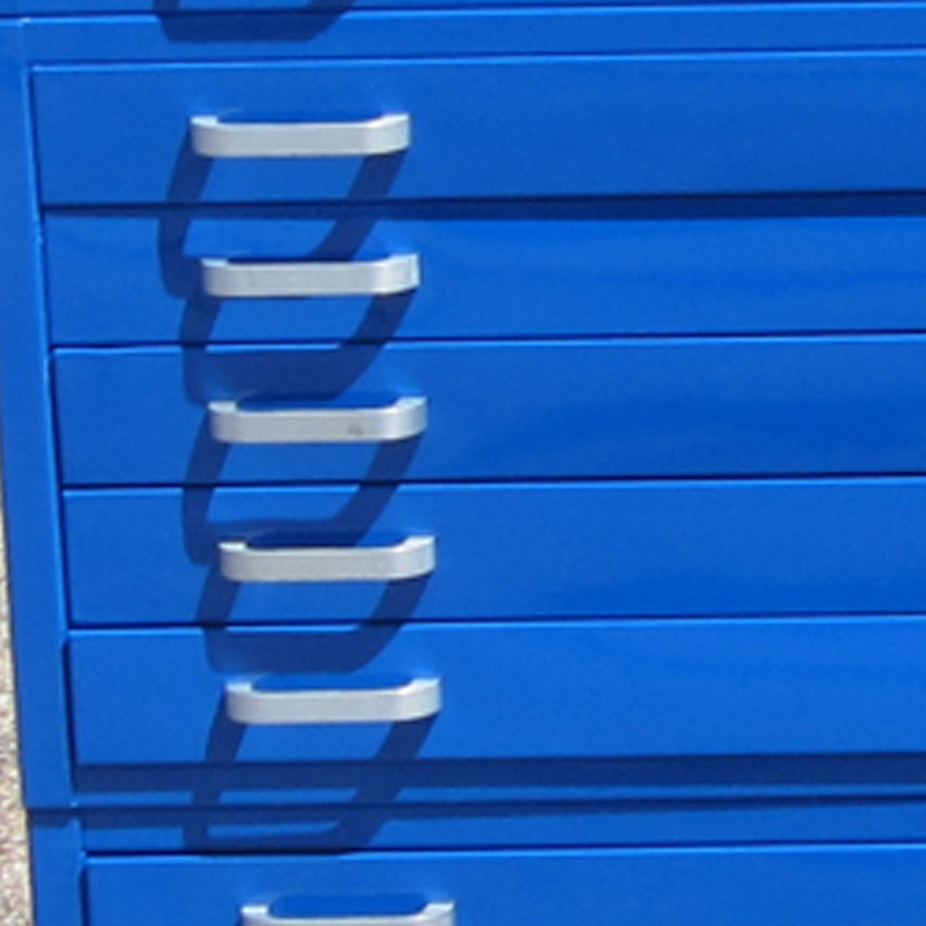 A vintage 2 stack flat file by Kranco Co. Inc in a blue finish. This architectural office piece is both stylish, useful and high-quality. With metal drawer pulls and easy sliding action.