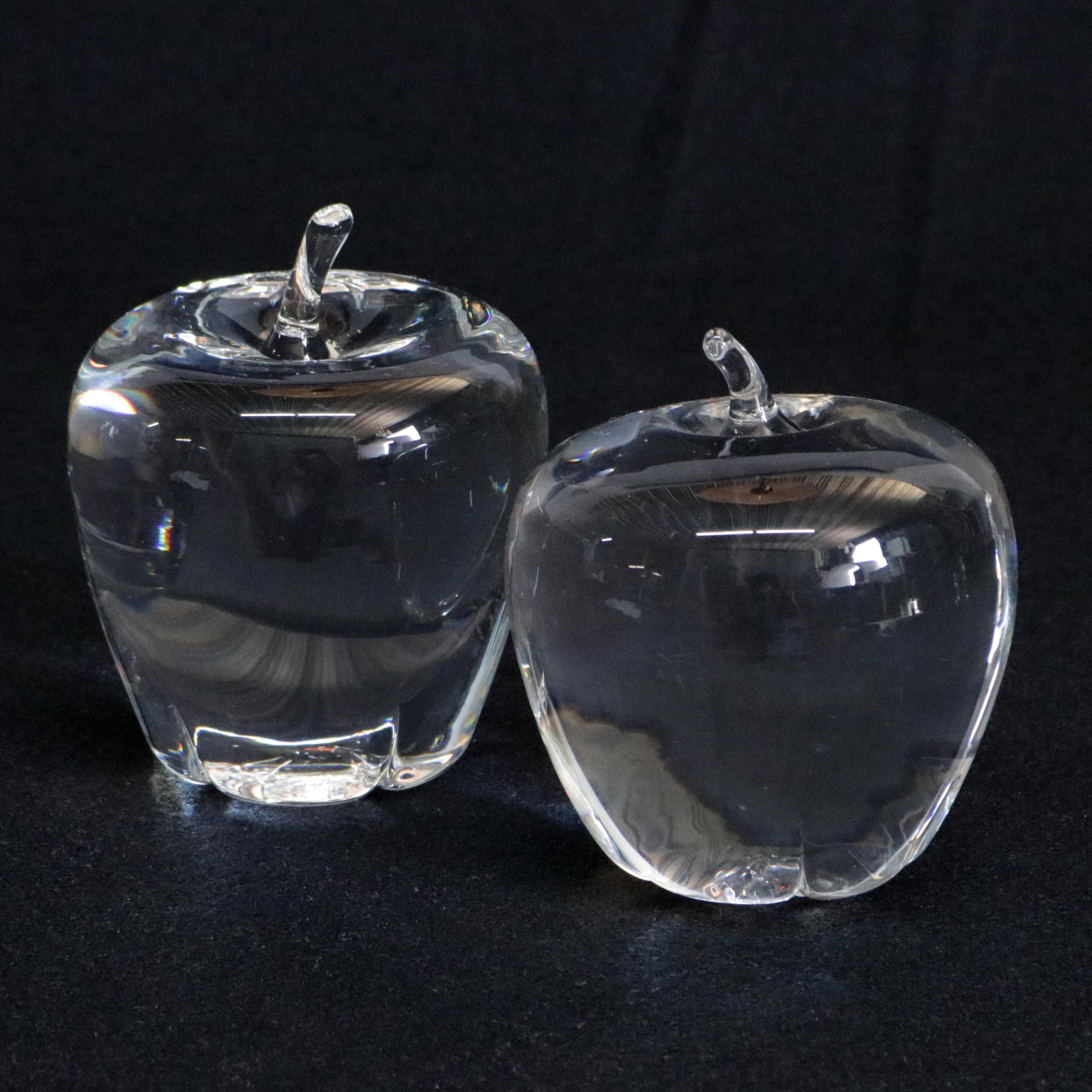 Two Midcentury Steuben figurative mouth blown crystal fruit sculptural paperweights features colorless art glass in full body form of Apples designed in the 1940's by Corning Museum of Glass, New York, NY, signed on base, 20th century
Large