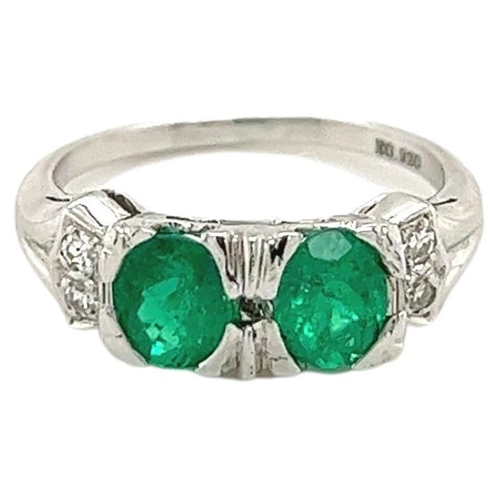 2-Stone 0.92CT TW Round Cut Natural Emerald Ring in 18k White Gold For Sale
