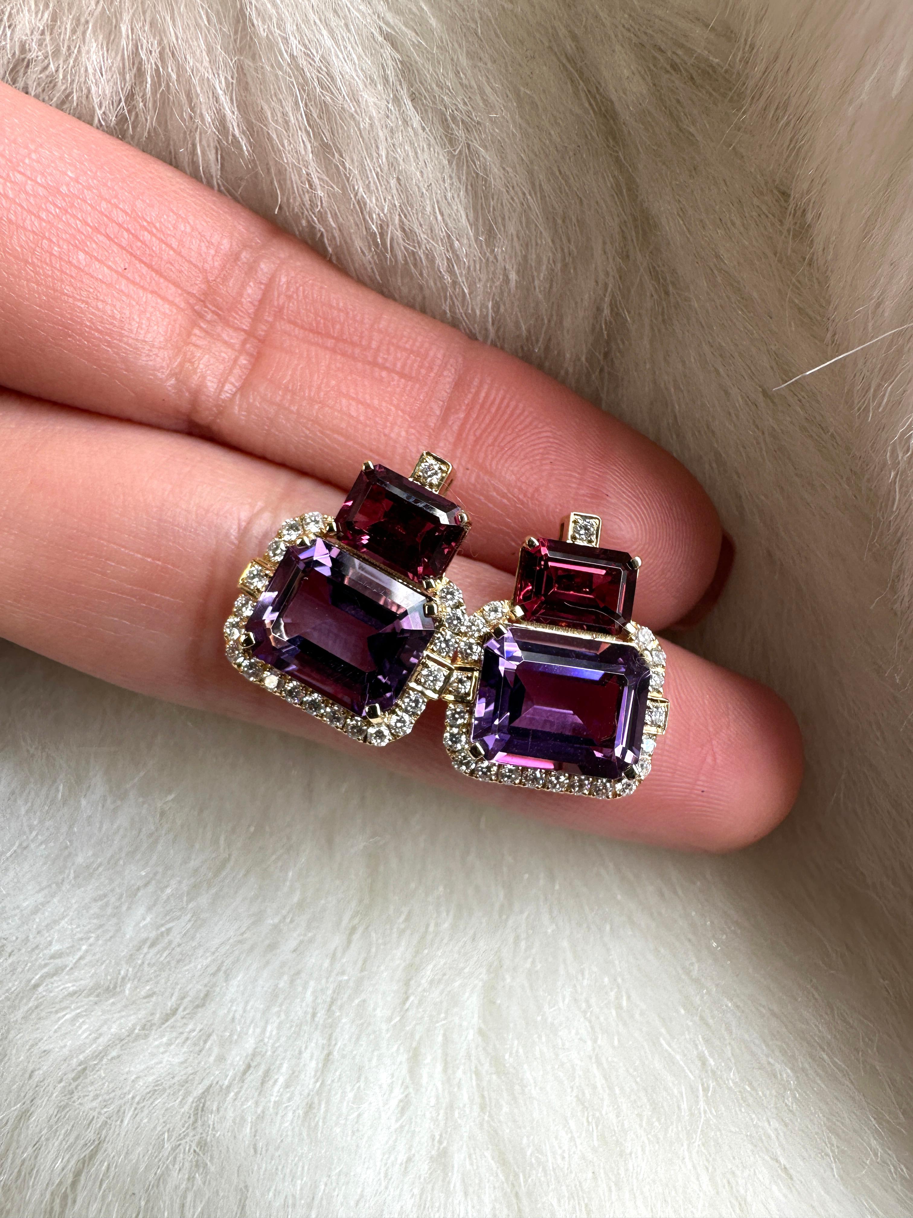 Contemporary 2 Stone Amethyst and Garnet with Diamonds Earrings For Sale