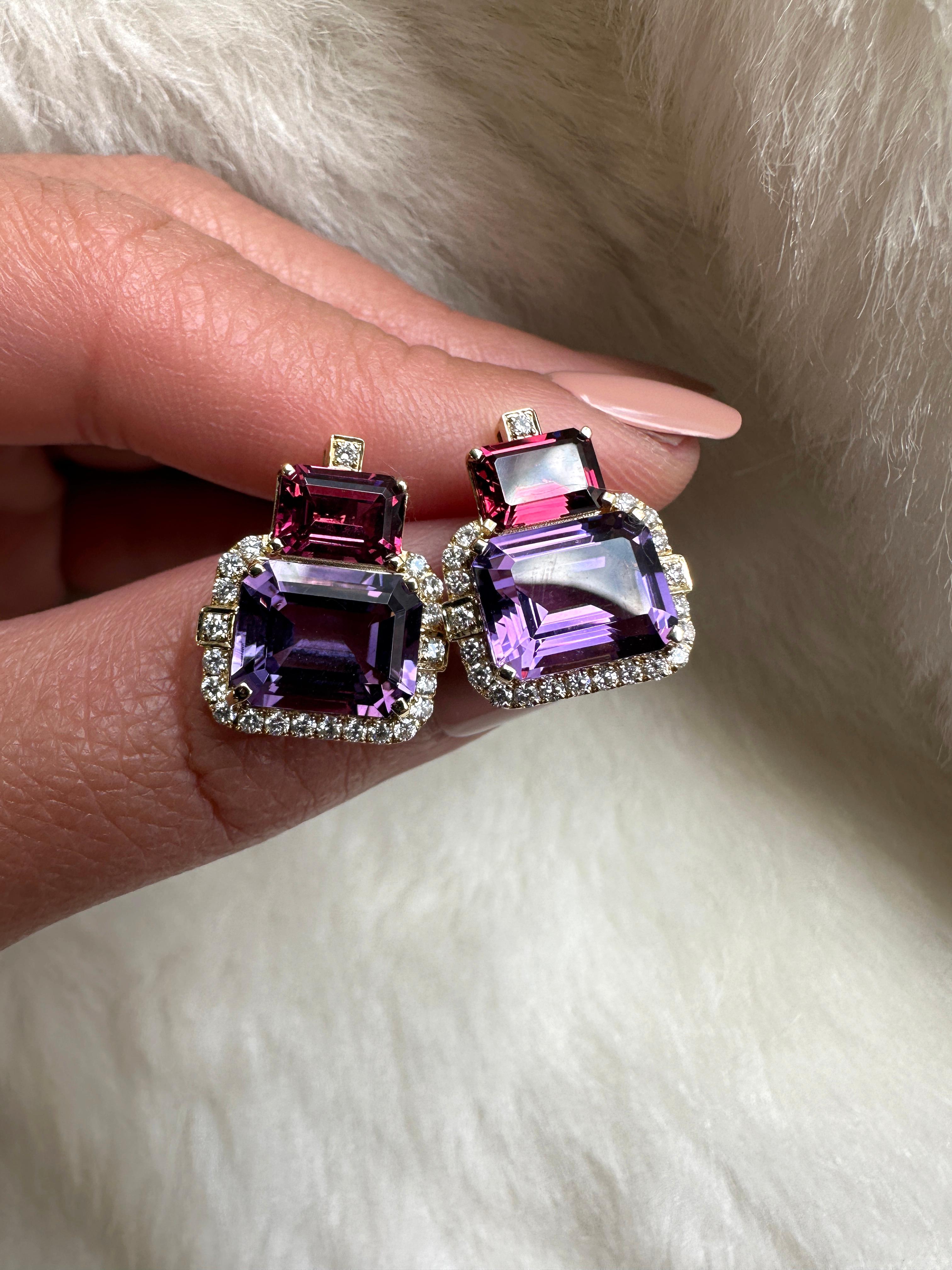 Emerald Cut 2 Stone Amethyst and Garnet with Diamonds Earrings For Sale